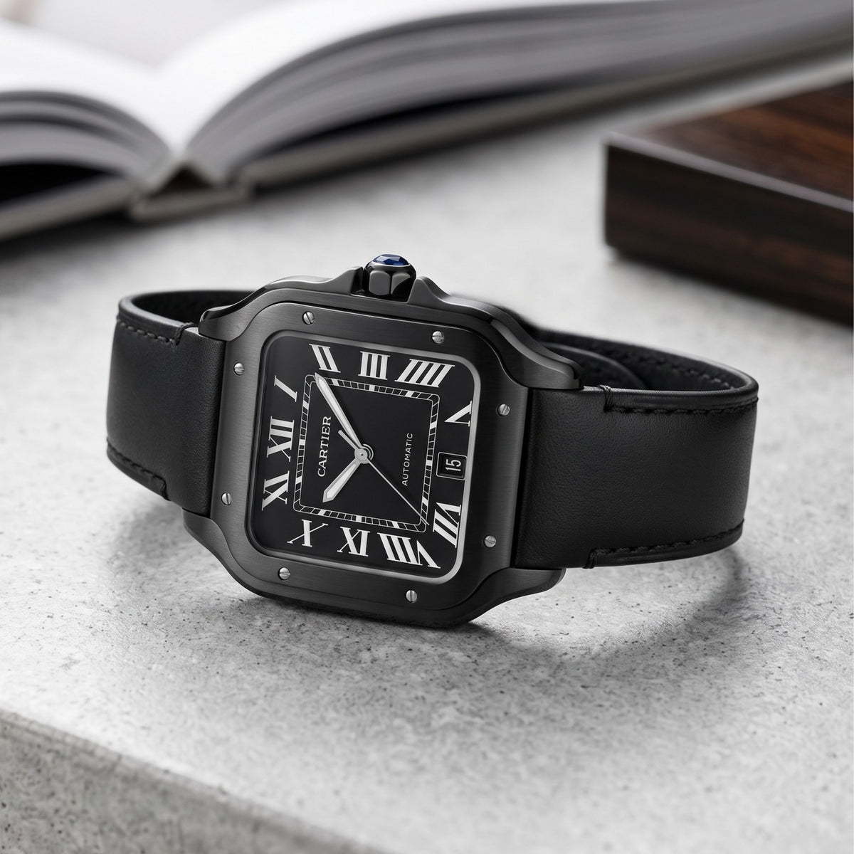 Pasek skórzany do Cartier Santos Medium/Large – Płaski czarny – Szybka wymiana/zwalnianie