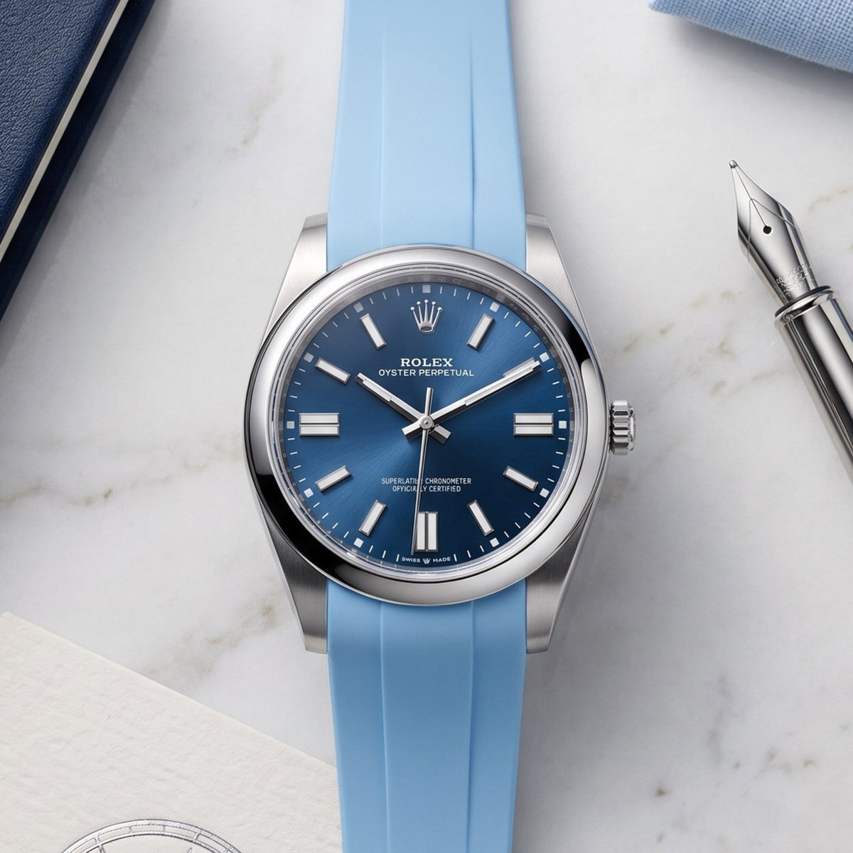 Faltschliesse Kautschukarmband für Rolex Oyster Perpetual 41mm – Baby Blau - Helvetus