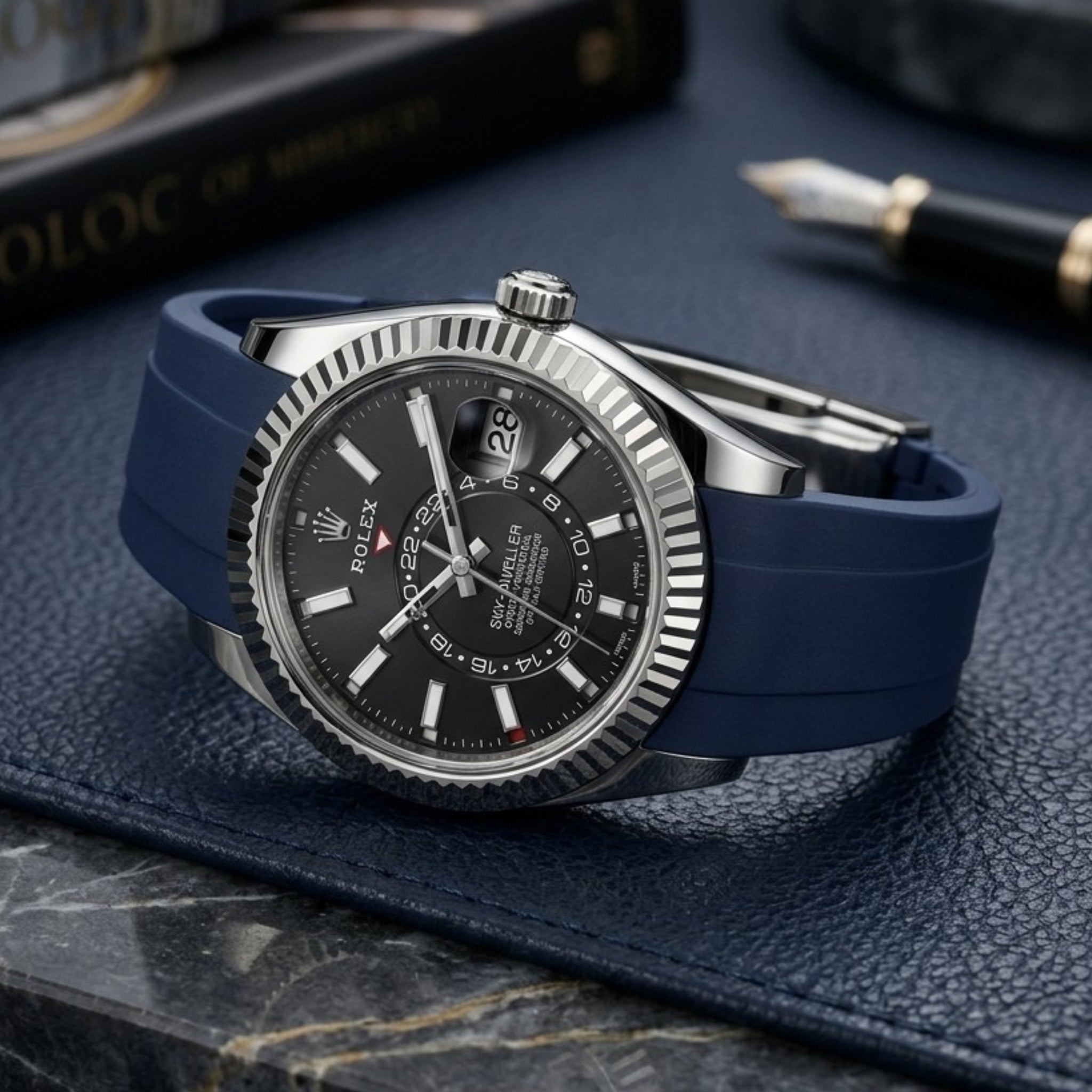Faltschliesse Kautschukarmband für Rolex Sky-Dweller – Dunkel Blau - Helvetus
