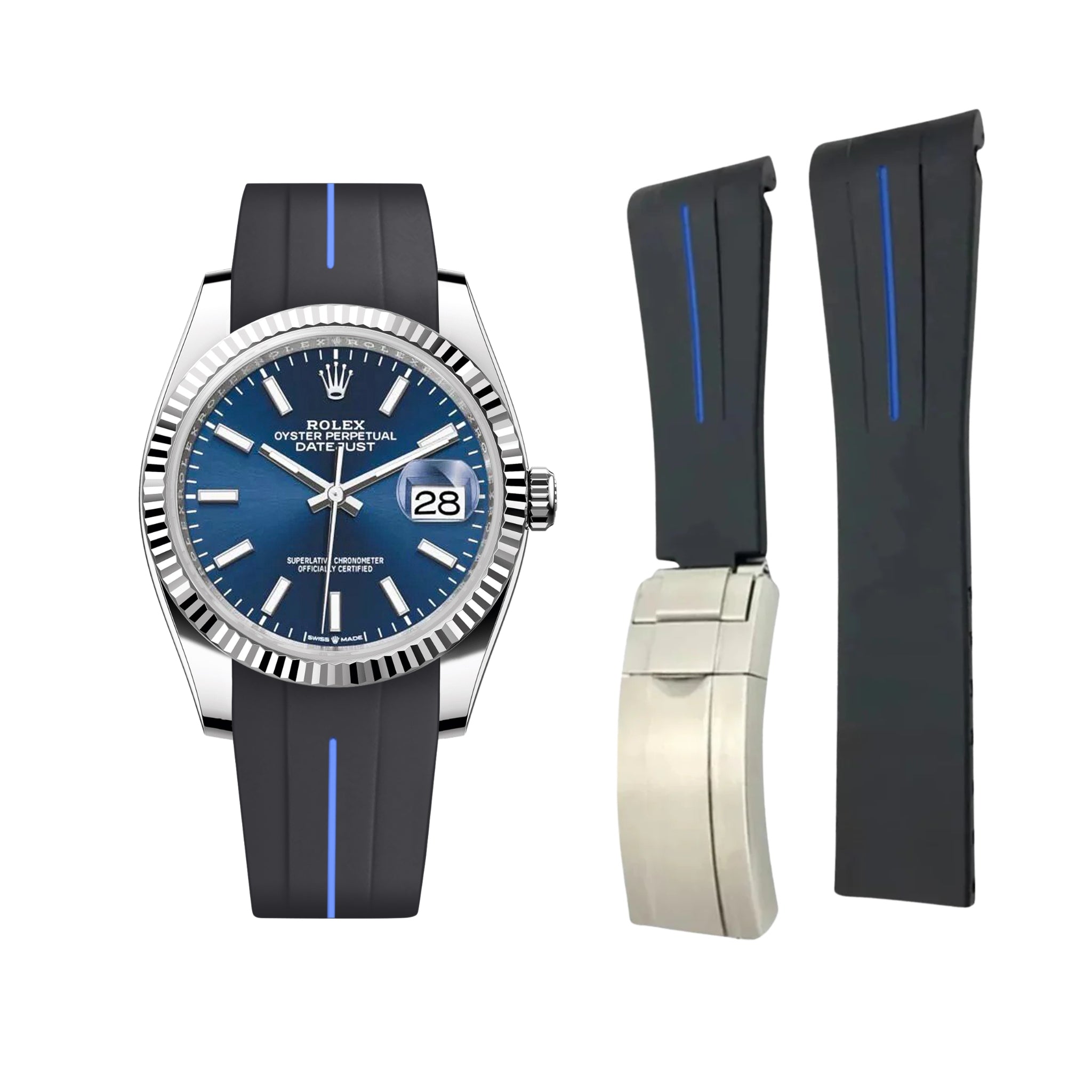 Faltschließe Kautschukarmband für Rolex Datejust 36 – LuxLine® - Schwarz/Blau - Helvetus DE