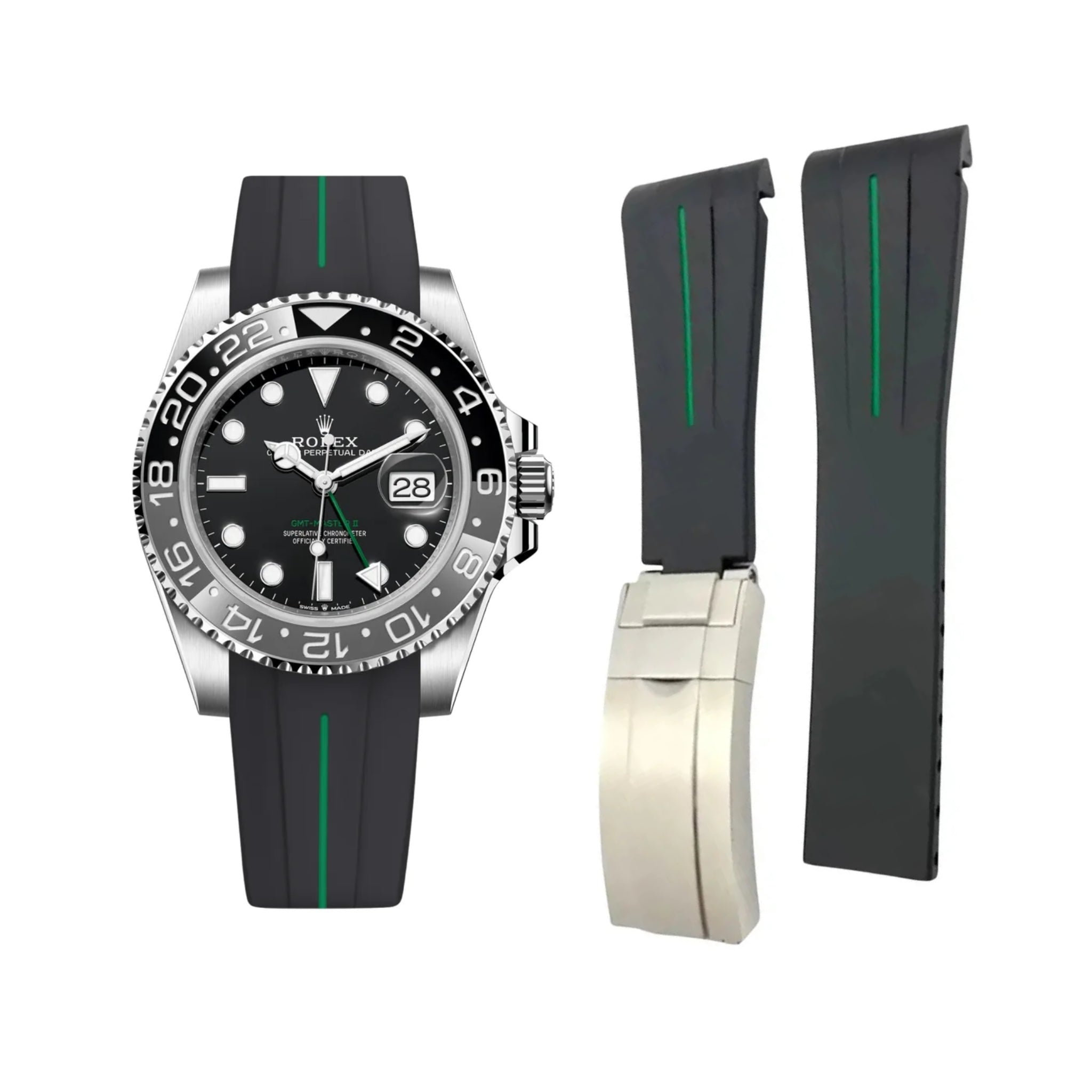 Faltschliessen Kautschukarmband für Rolex GMT - Master II in Schwarz mit Grüner Linie | LuxLine® - Helvetus DE