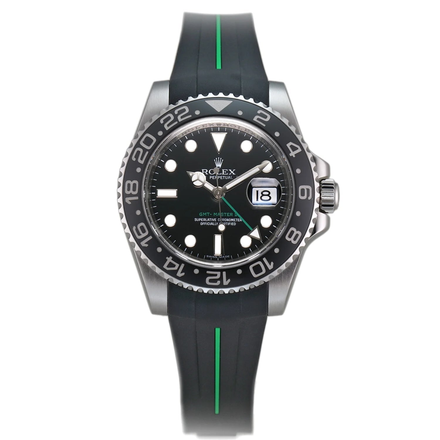 Faltschliessen Kautschukarmband für Rolex GMT - Master II in Schwarz mit Grüner Linie | LuxLine® - Helvetus DE