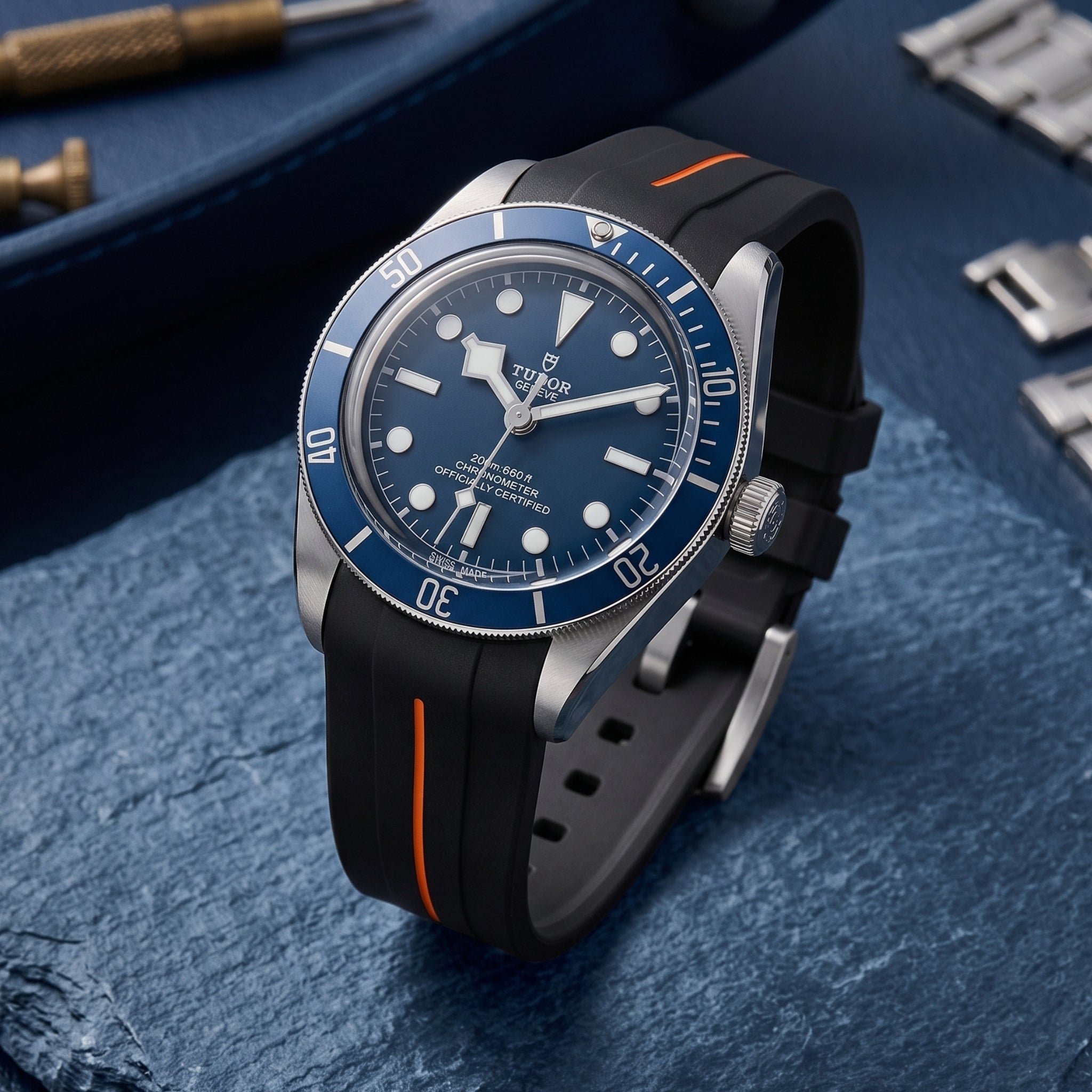 Kautschukarmband - Für alle Tudor Black Bay Modelle - Schwarz mit Orange | LuxLine® - Helvetus