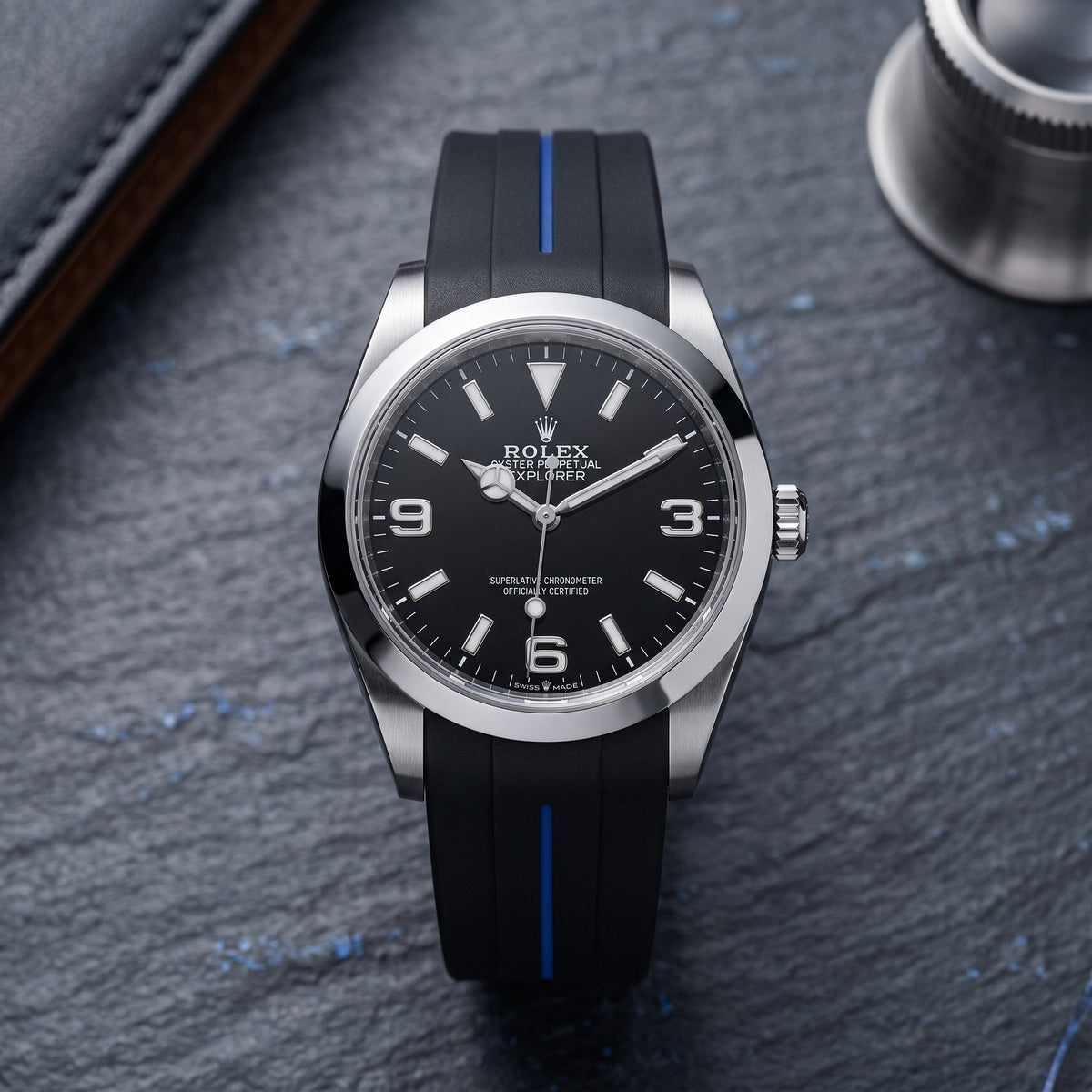 Kautschukarmband für Rolex Explorer I – Schwarz mit Blauer Linie | LuxLine® - Helvetus