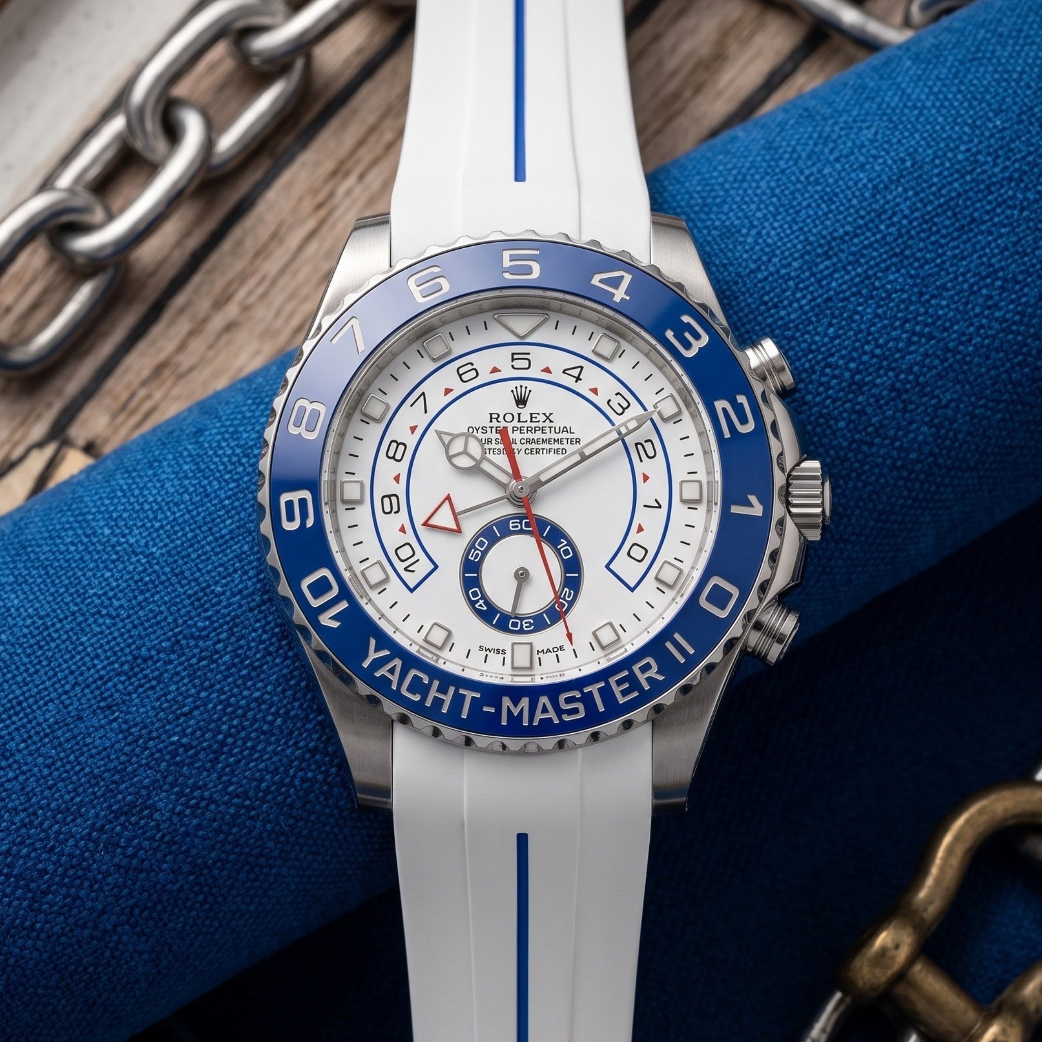 Kautschukarmband für Rolex Yacht-Master II 44mm - Weiss/Blau Linie | LuxLine® - Helvetus