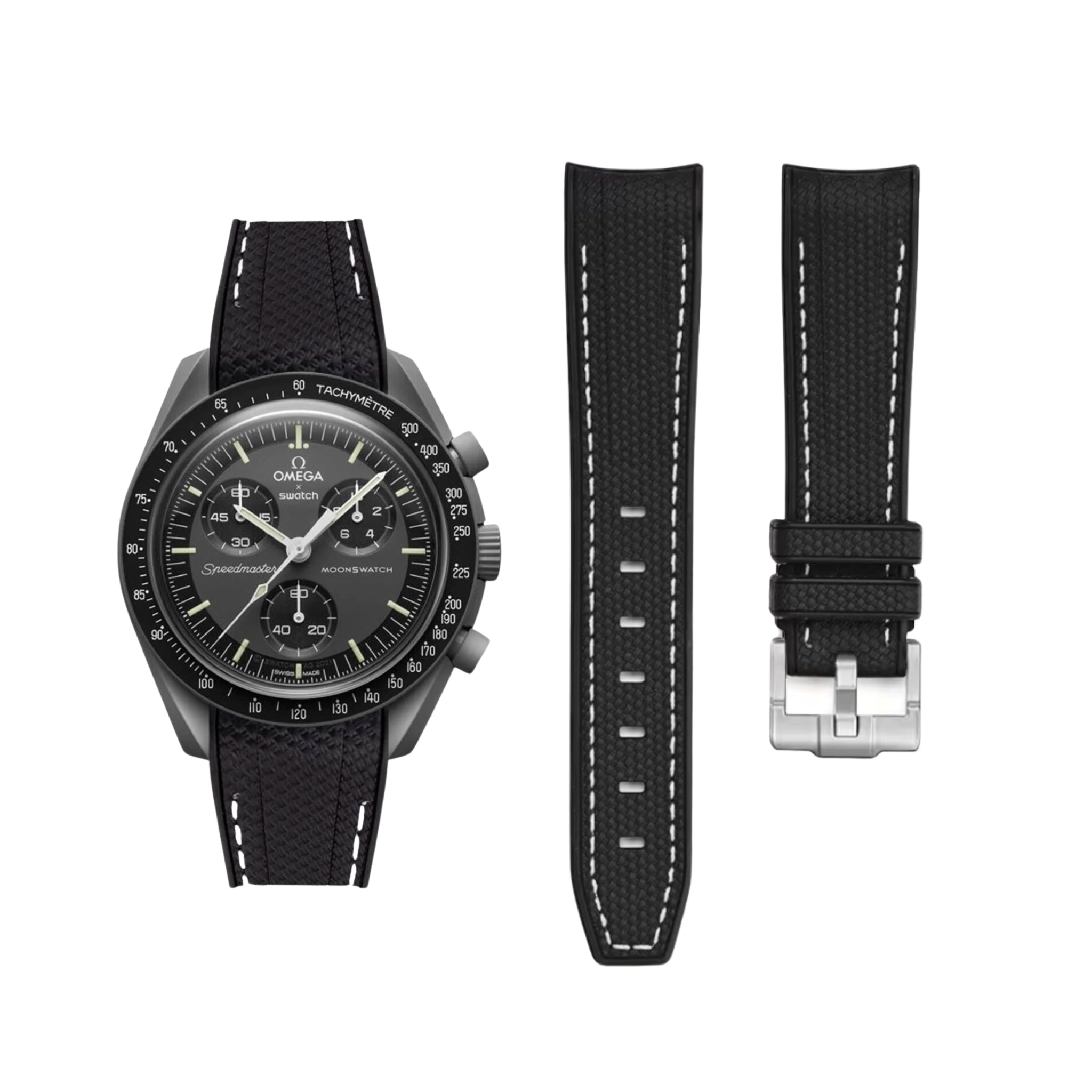 Kautschukarmband – Für Mission to Mercury | Omega X Swatch | MoonSwatch – Schwarz mit Weißer Linie - Helvetus DE