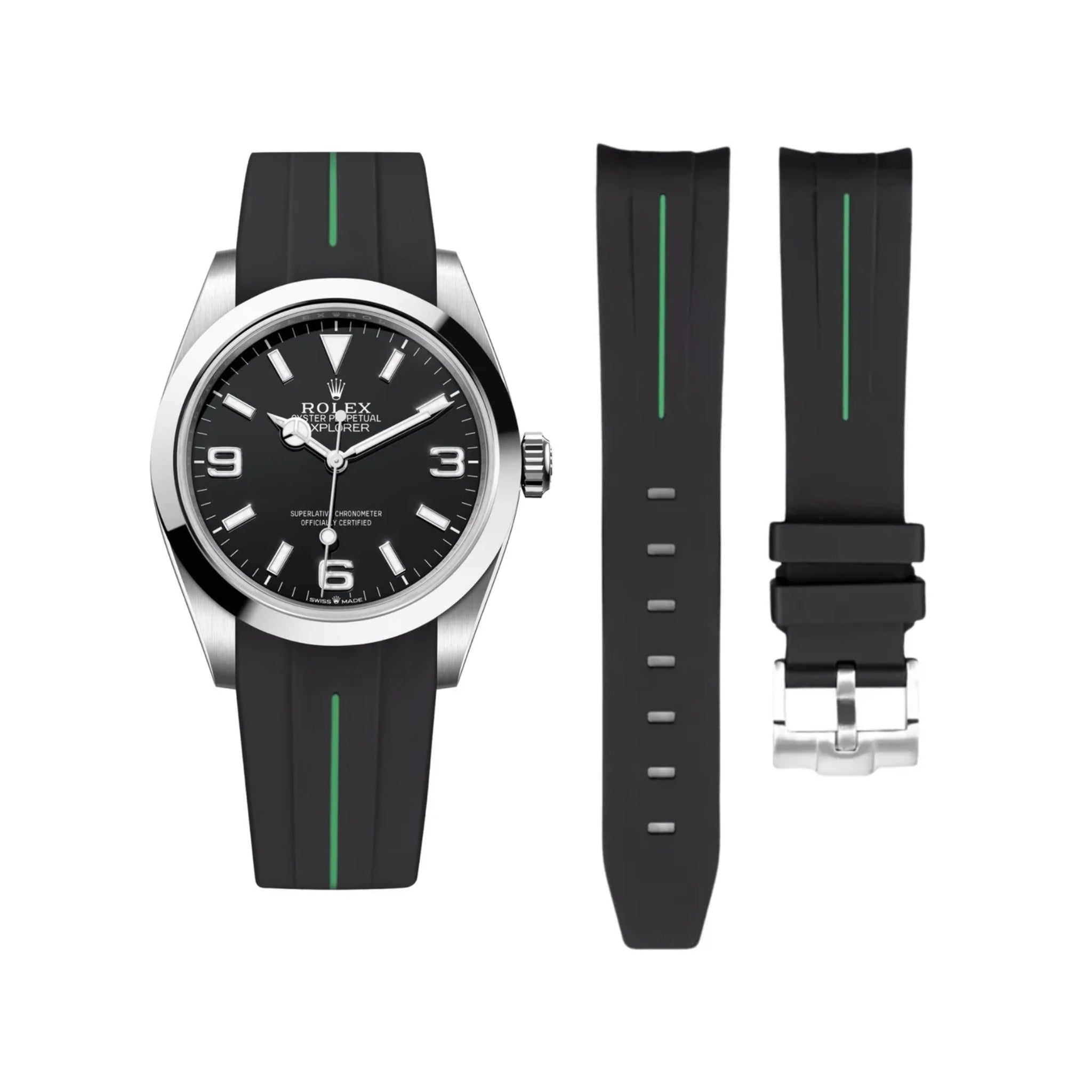 Kautschukarmband für Rolex Explorer I – Schwarz mit Grüner Linie | LuxLine® - Helvetus DE