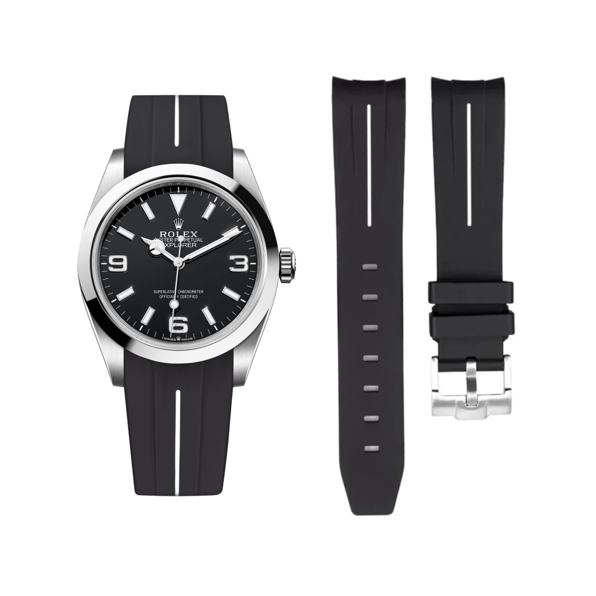 Kautschukarmband für Rolex Explorer I – Schwarz mit Weißer Linie | LuxLine® - Helvetus DE
