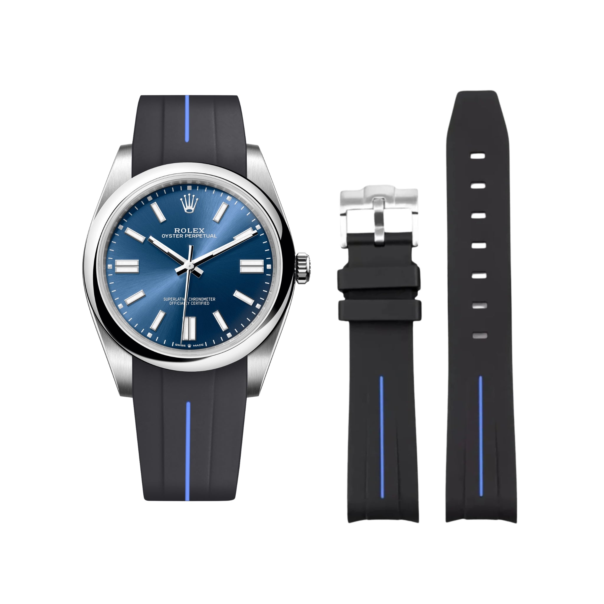 Kautschukarmband für Rolex Oyster Perpetual 41mm – LuxLine® - Schwarz/Blau - Helvetus DE