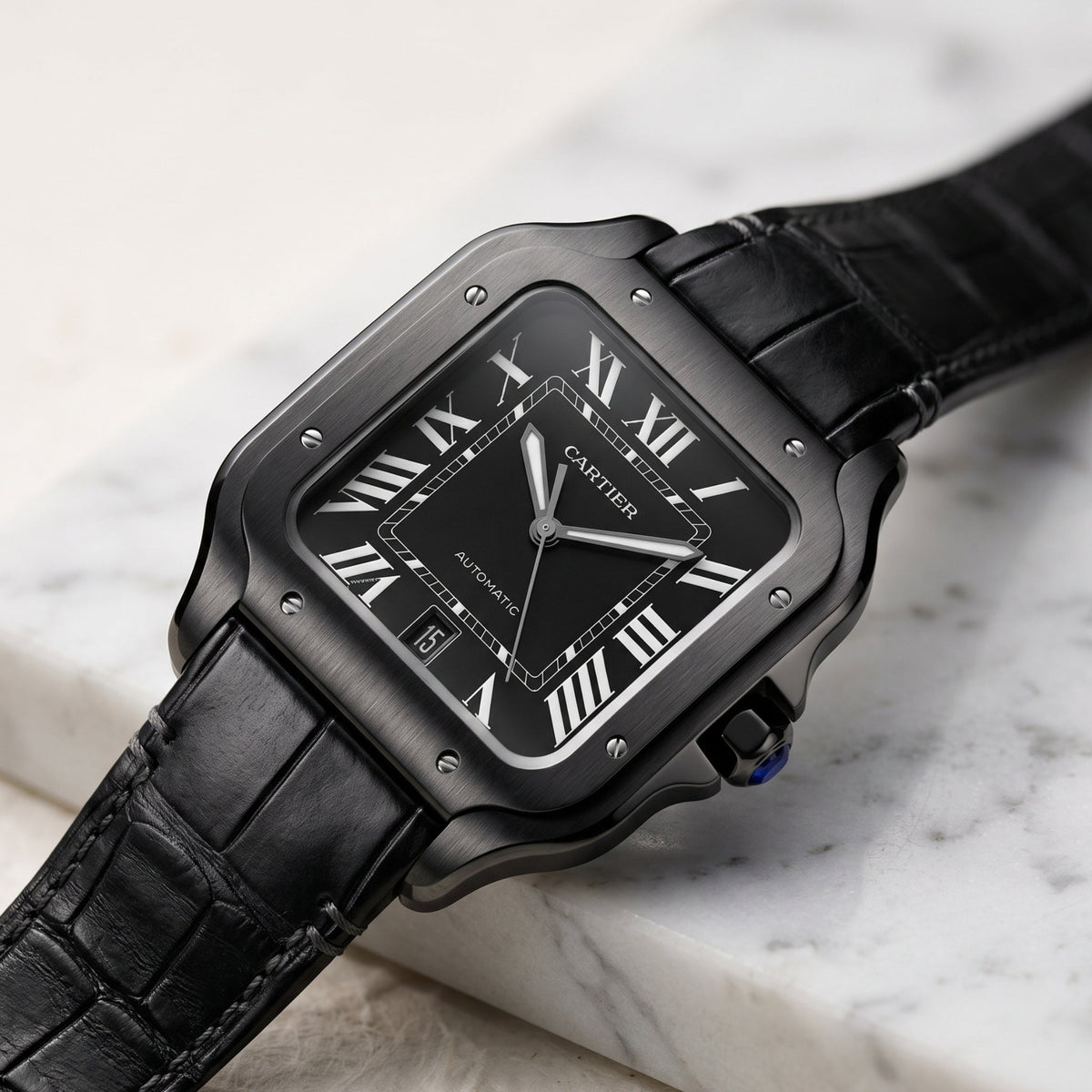 Leder Armband für Cartier Santos Medium/Large – Schwarz – Quick Switch/Release - Helvetus