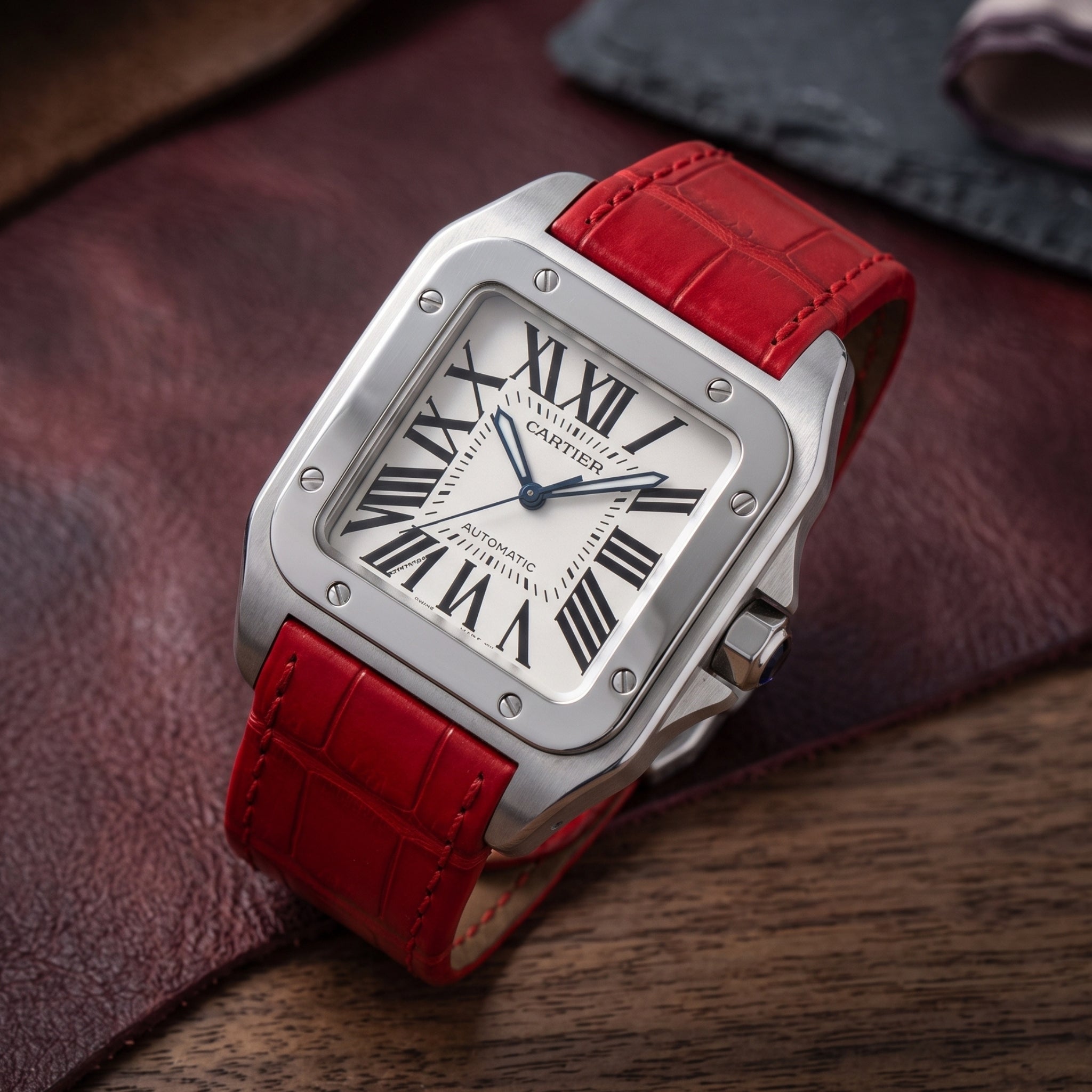 Skórzany pasek - do Cartier Santos 100 - Czerwony