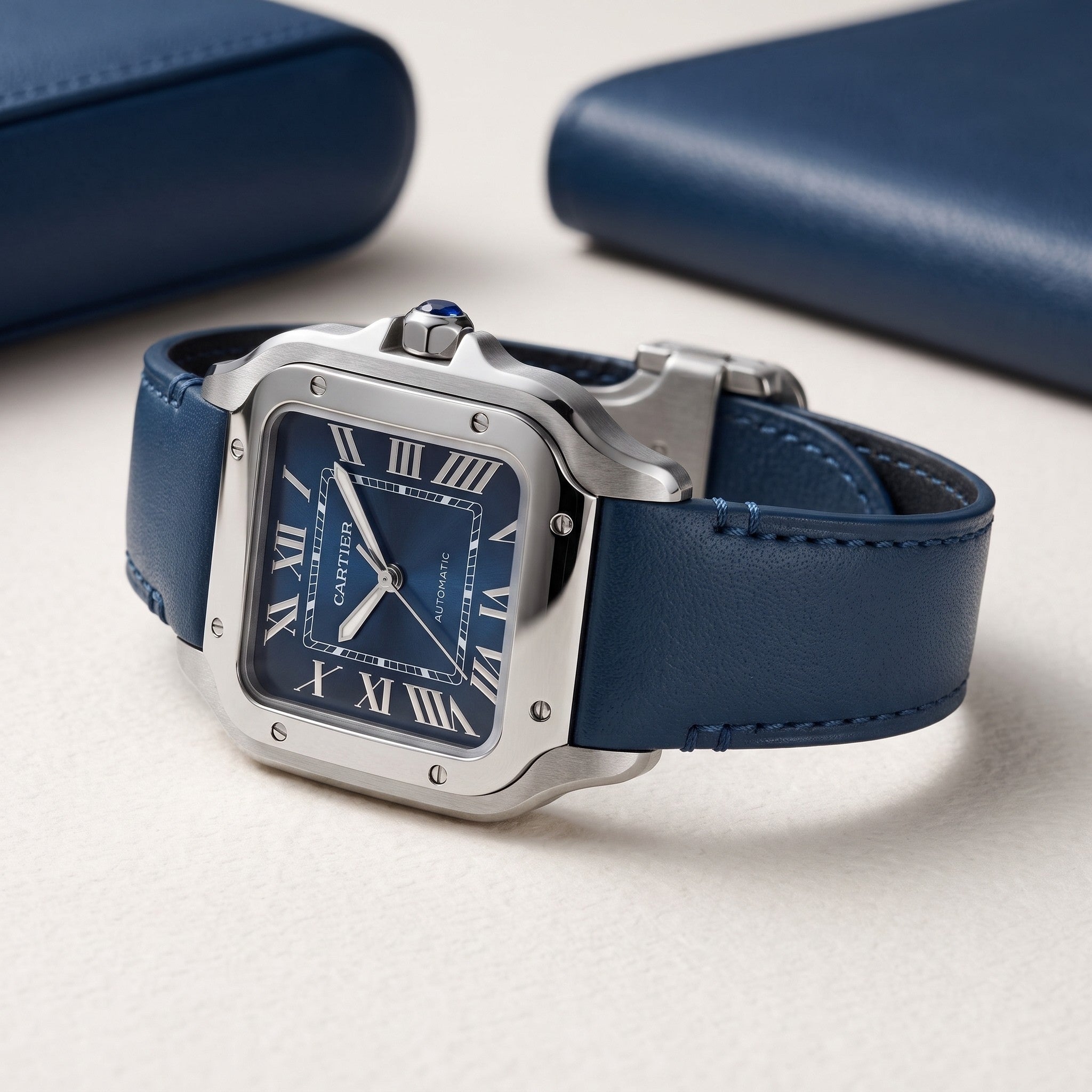 Skórzany pasek do Cartier Santos Medium/Large – Płaski, niebieski – Quick Switch/Release