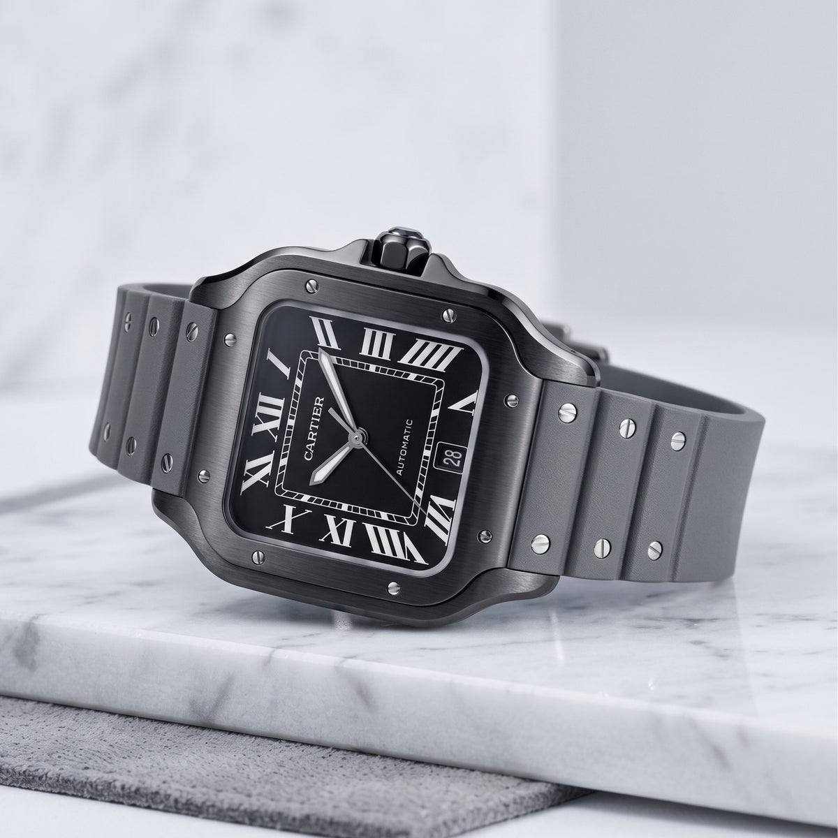 Pasek Kauczukowy do Cartier Santos Medium/Large – Szary ze Śrubami – Quick Switch/Release