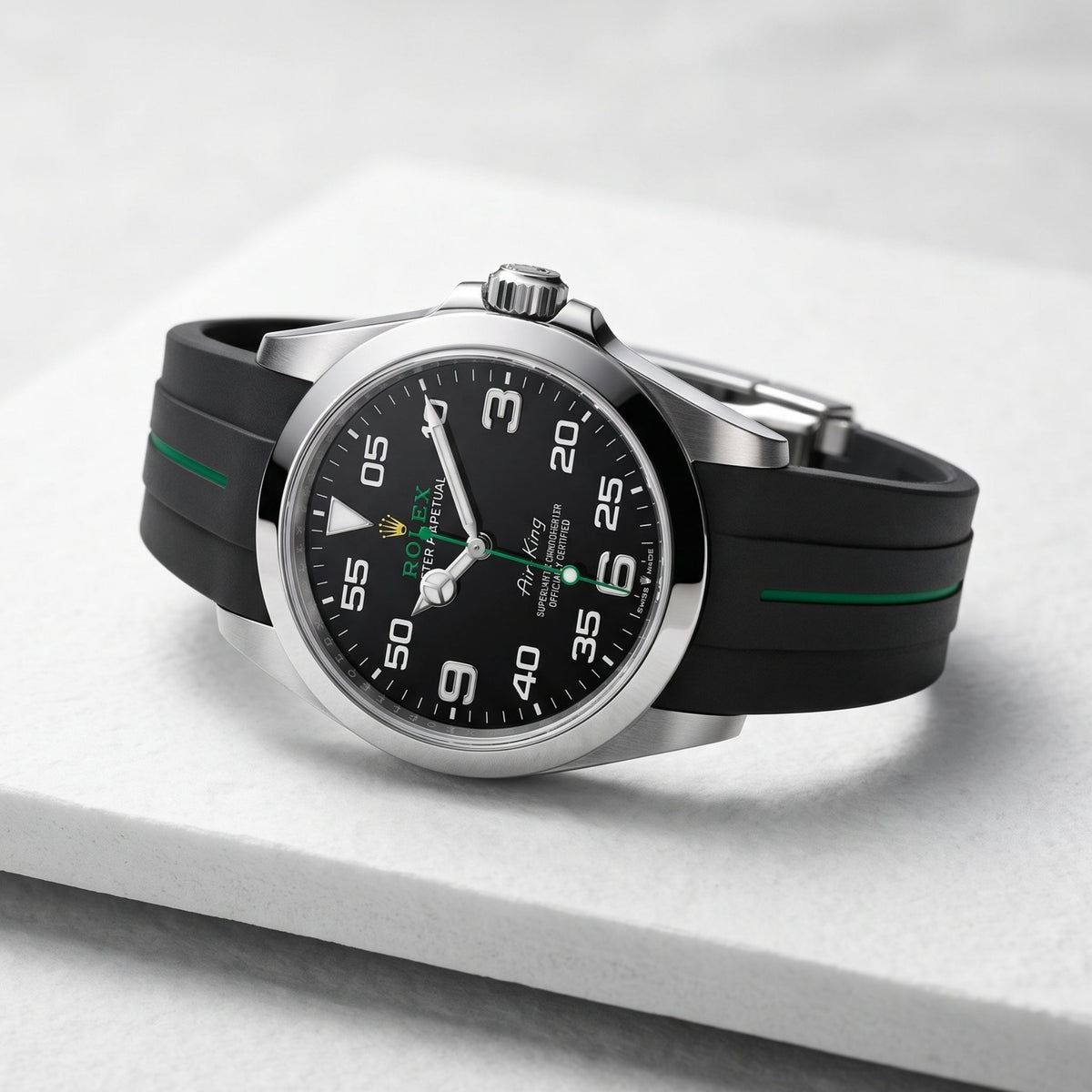 Faltschließe Kautschukarmband für Rolex Air-King 126900/116900 – Schwarz/Grün | LuxLine® - Helvetus