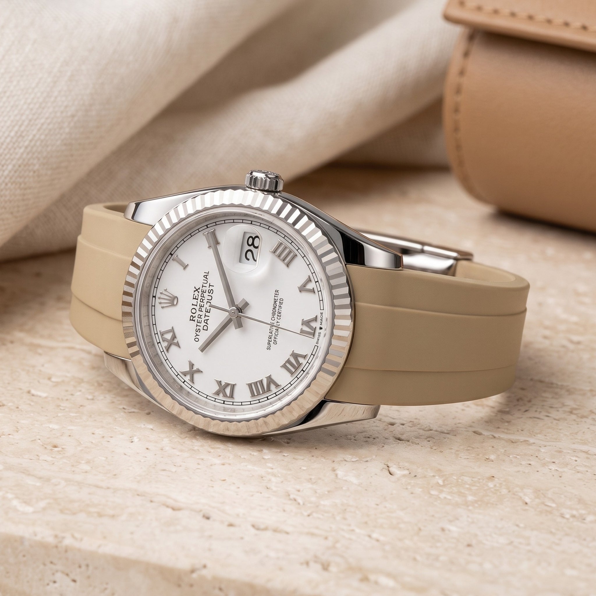 Faltschließe Kautschukarmband für Rolex Datejust 36 – Beige - Helvetus