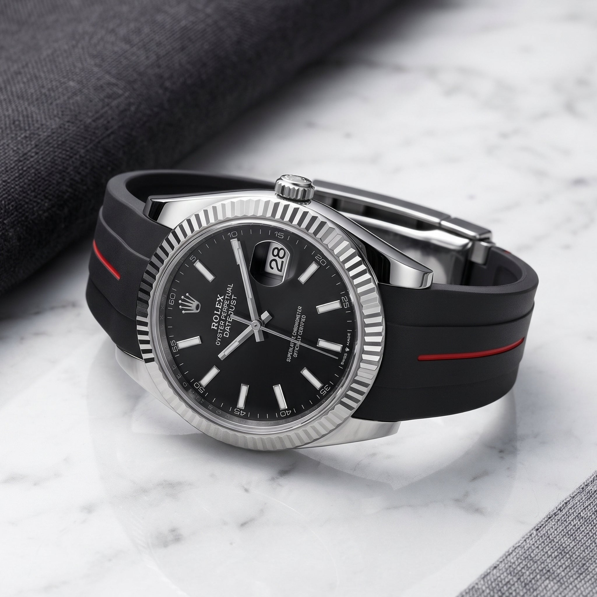 Faltschließe Kautschukarmband für Rolex Datejust 41mm – LuxLine® - Schwarz/Rot - Helvetus