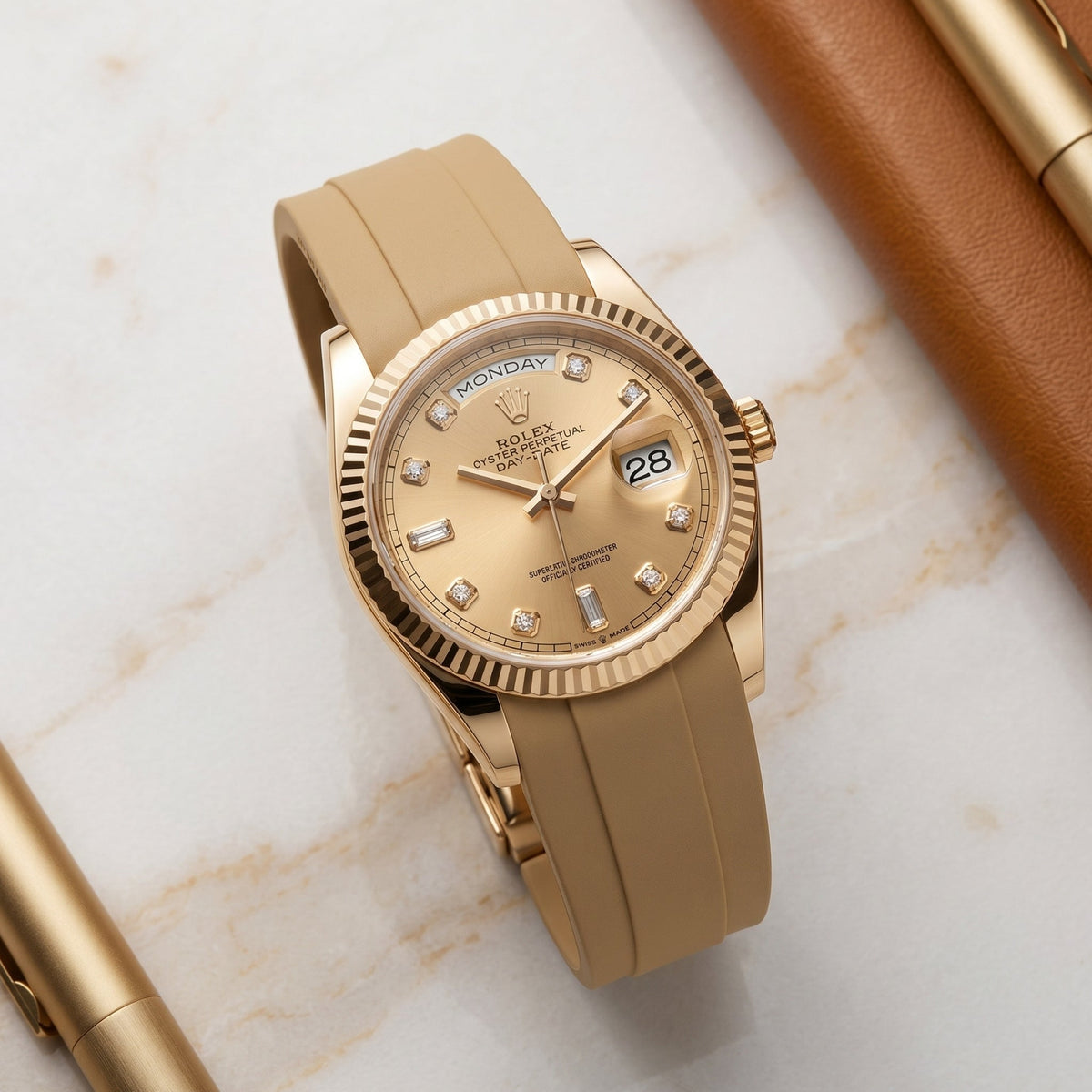 Faltschliesse Kautschukarmband für Rolex Day-Date 40mm – Beige - Helvetus
