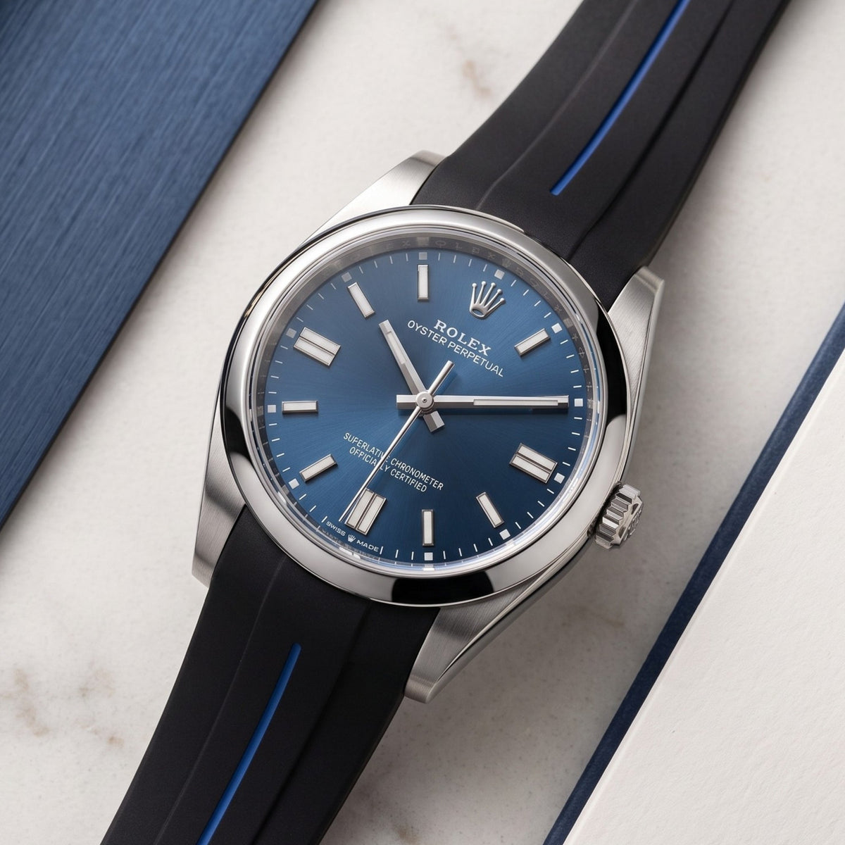 Faltschliesse Kautschukarmband für Rolex Oyster Perpetual 36mm – LuxLine® - Schwarz/Blau - Helvetus