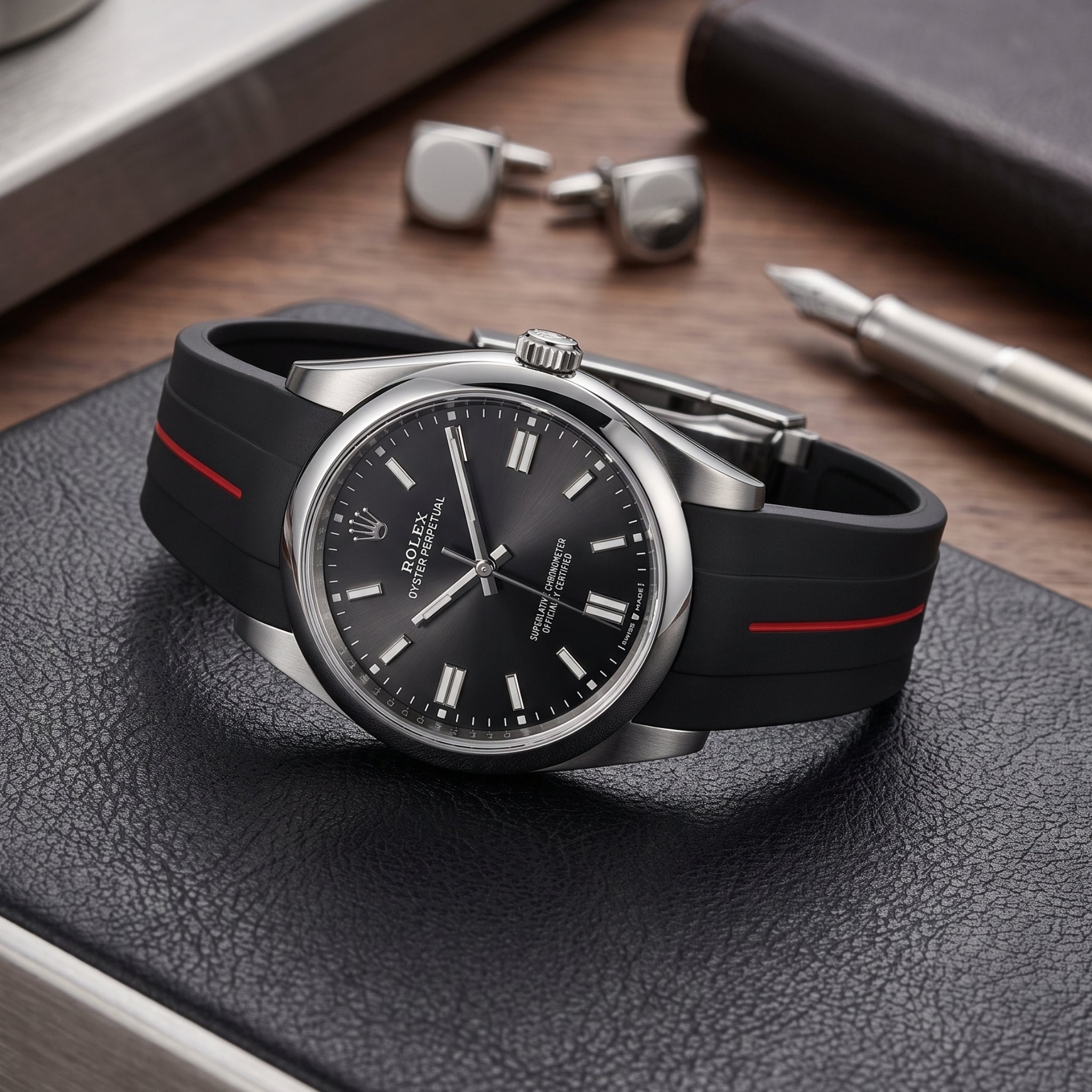Faltschliesse Kautschukarmband für Rolex Oyster Perpetual 36mm – LuxLine® - Schwarz/Rot - Helvetus