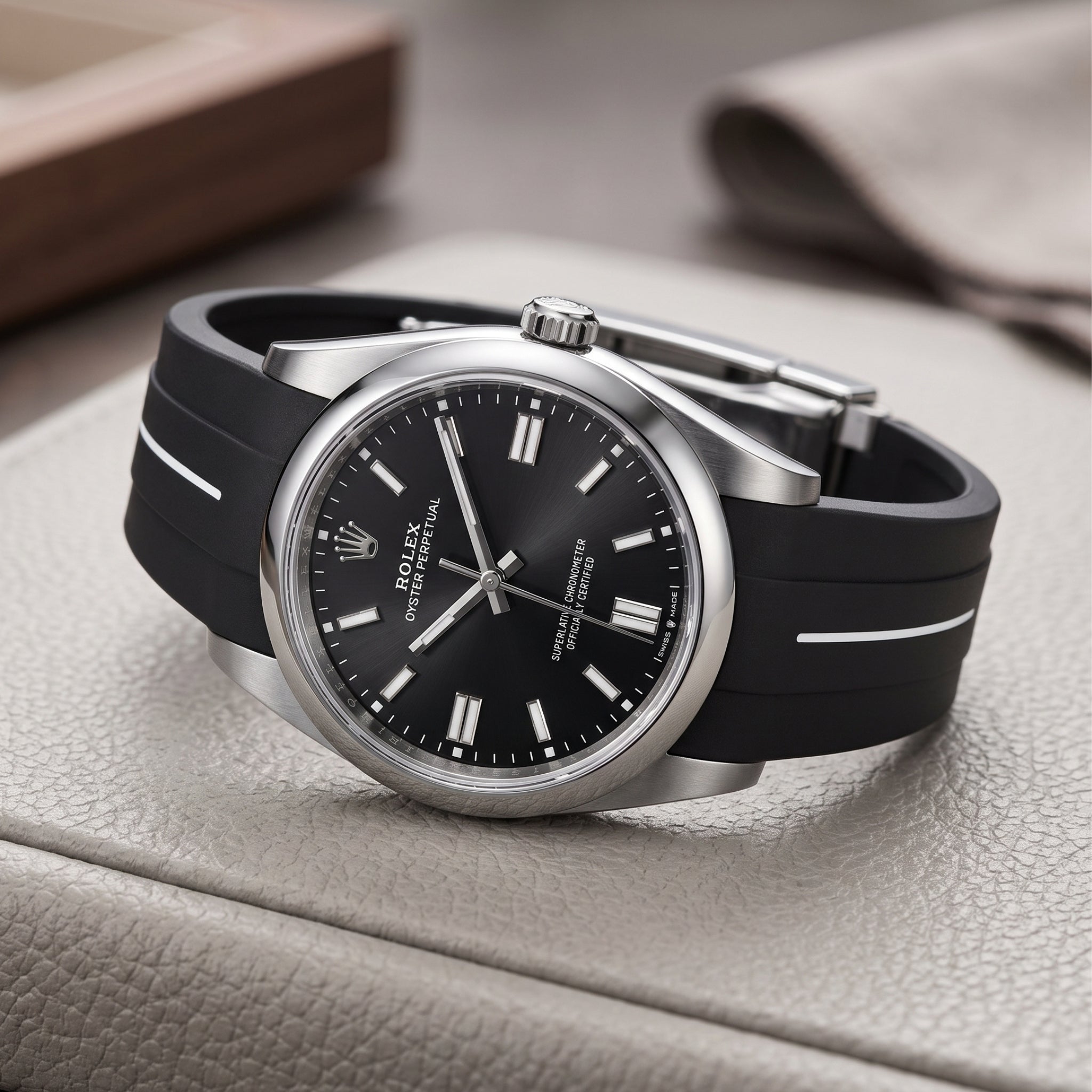 Faltschliesse Kautschukarmband für Rolex Oyster Perpetual 36mm – LuxLine® - Schwarz/Weiss - Helvetus