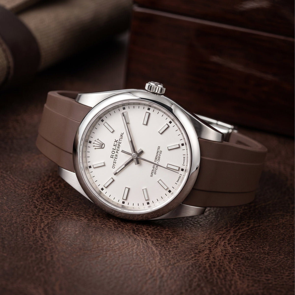 Faltschliesse Kautschukarmband für Rolex Oyster Perpetual 39mm – Braun - Helvetus