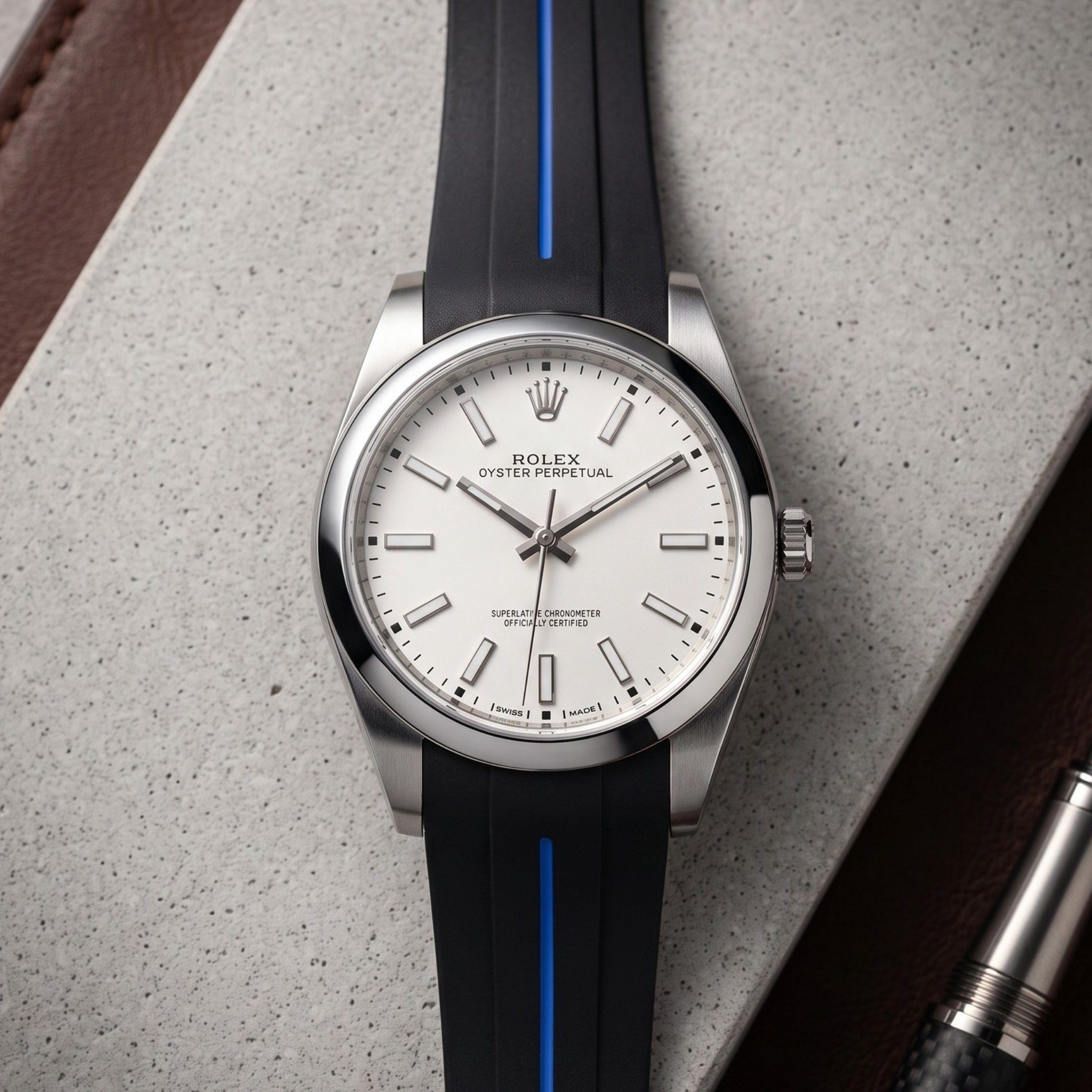 Faltschliesse Kautschukarmband für Rolex Oyster Perpetual 39mm – LuxLine® - Schwarz/Blau - Helvetus