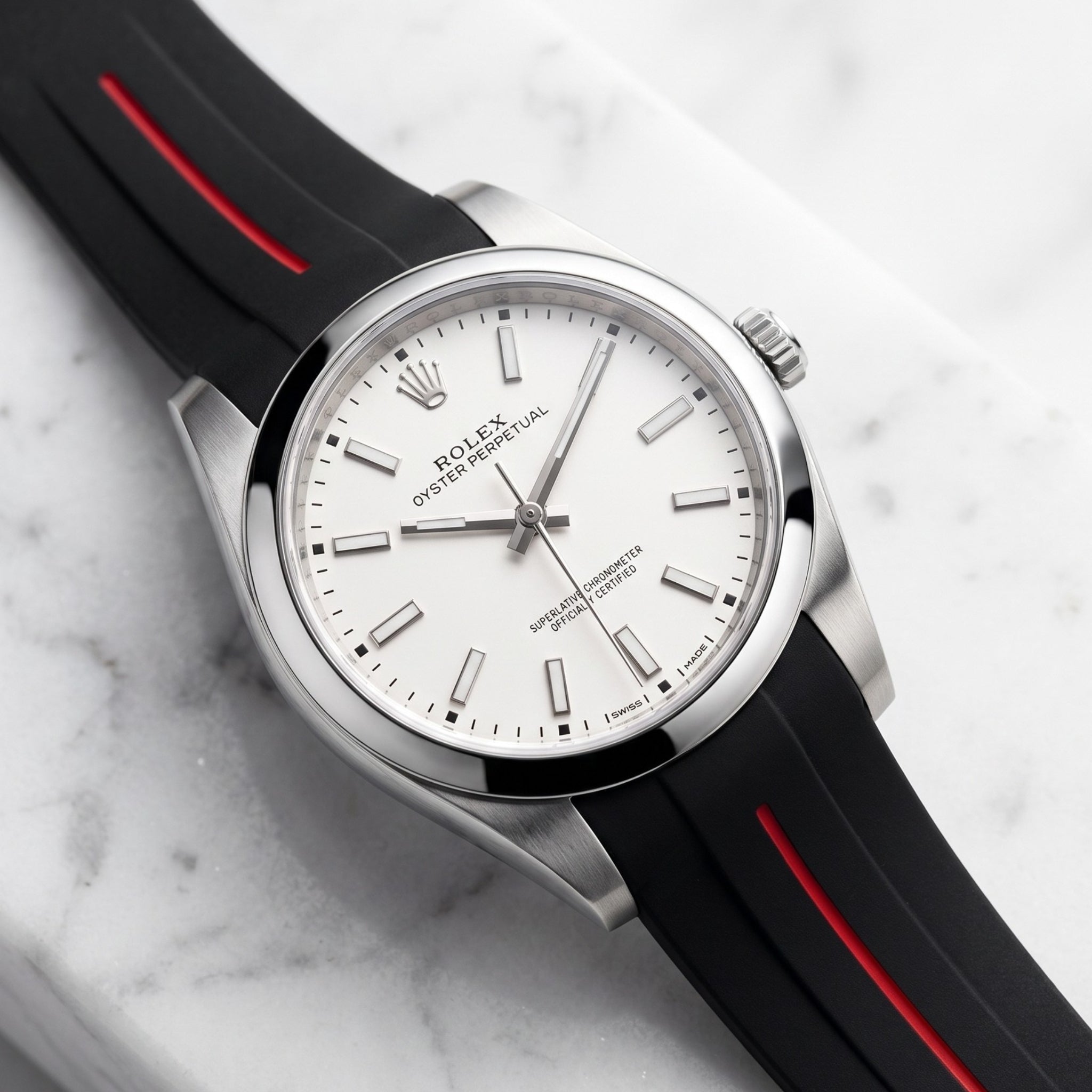 Faltschliesse Kautschukarmband für Rolex Oyster Perpetual 39mm – LuxLine® - Schwarz/Rot - Helvetus