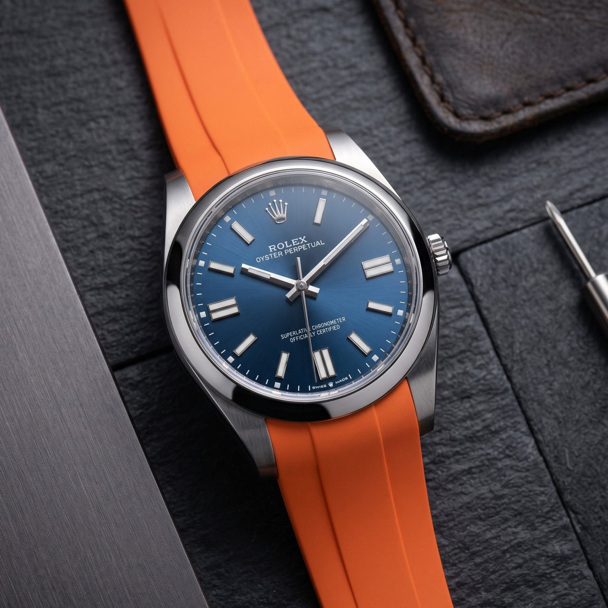 Faltschliesse Kautschukarmband für Rolex Oyster Perpetual 41mm – Orange - Helvetus