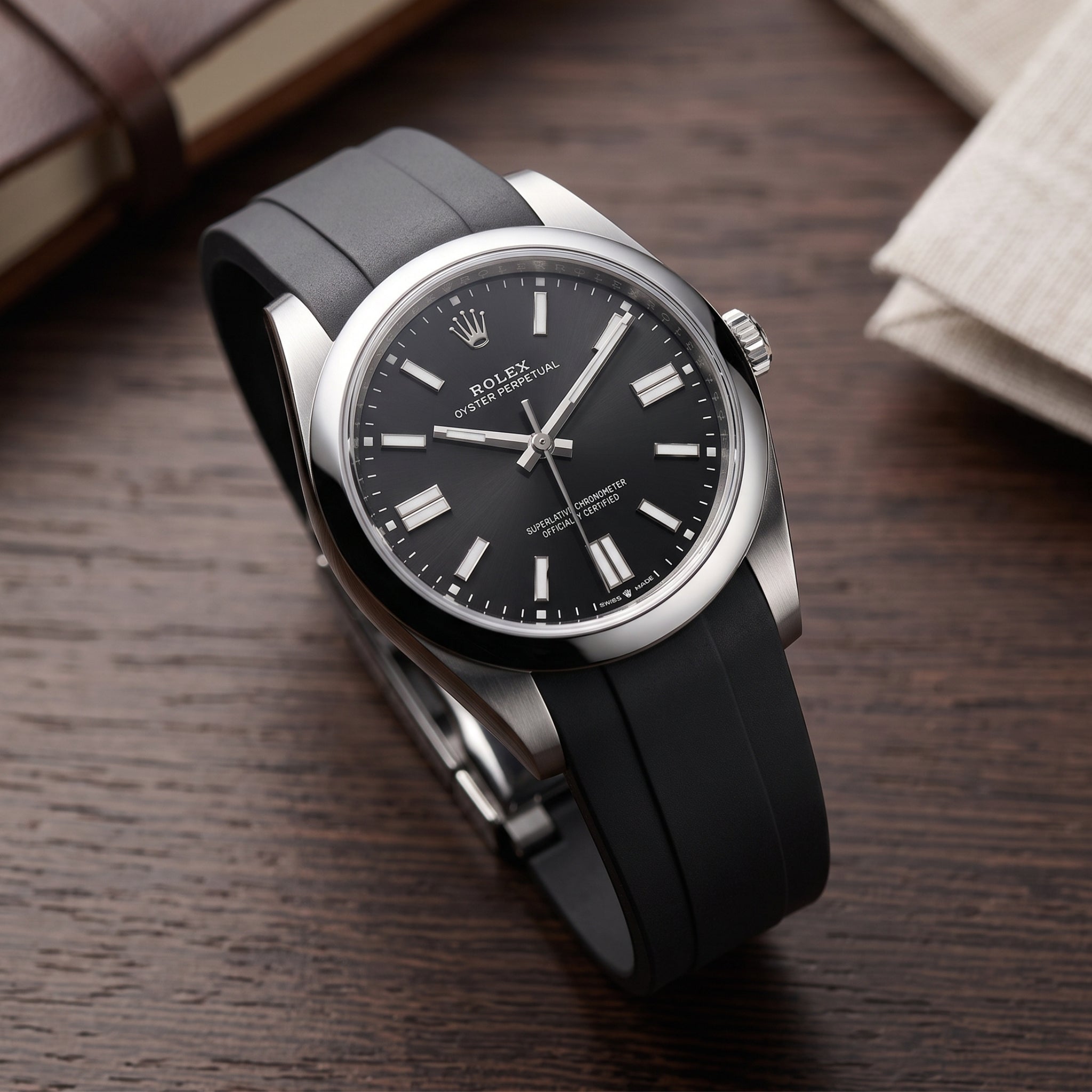 Faltschliesse Kautschukarmband für Rolex Oyster Perpetual 41mm – Schwarz - Helvetus