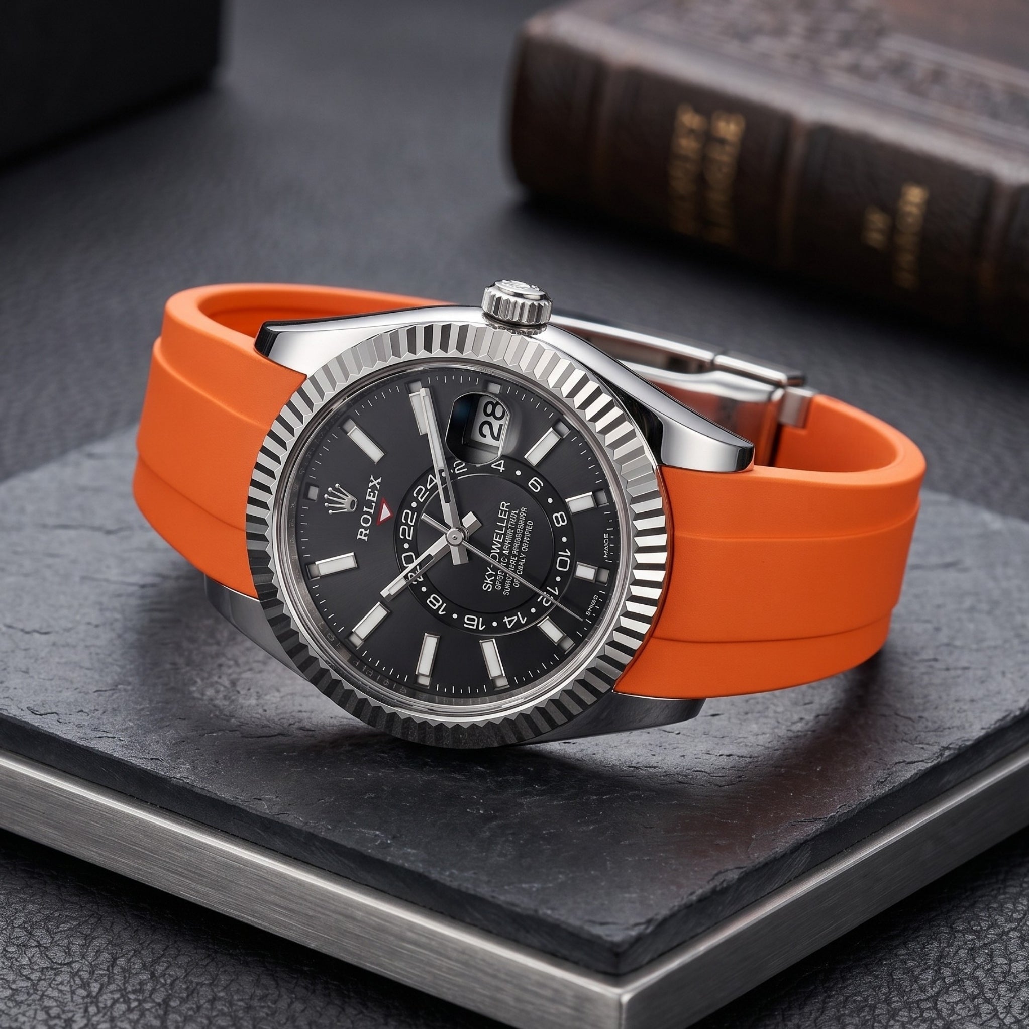 Faltschliesse Kautschukarmband für Rolex Sky-Dweller – Orange - Helvetus