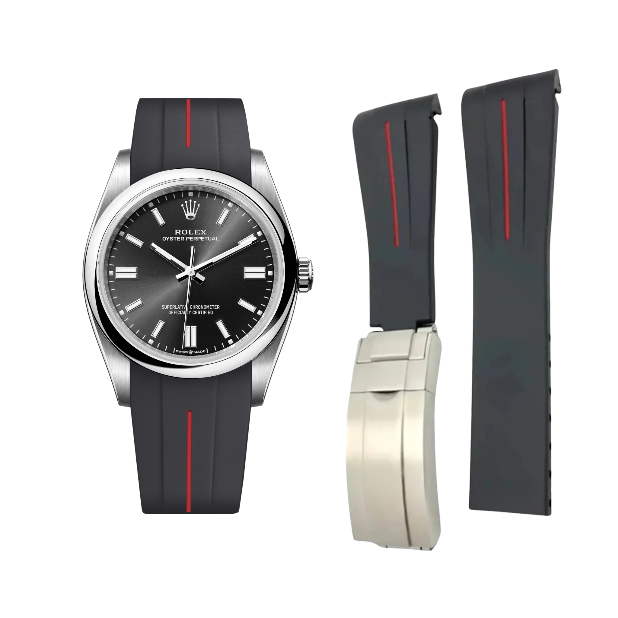 Faltschliesse Kautschukarmband für Rolex Oyster Perpetual 36mm – LuxLine® - Schwarz/Rot - Helvetus DE
