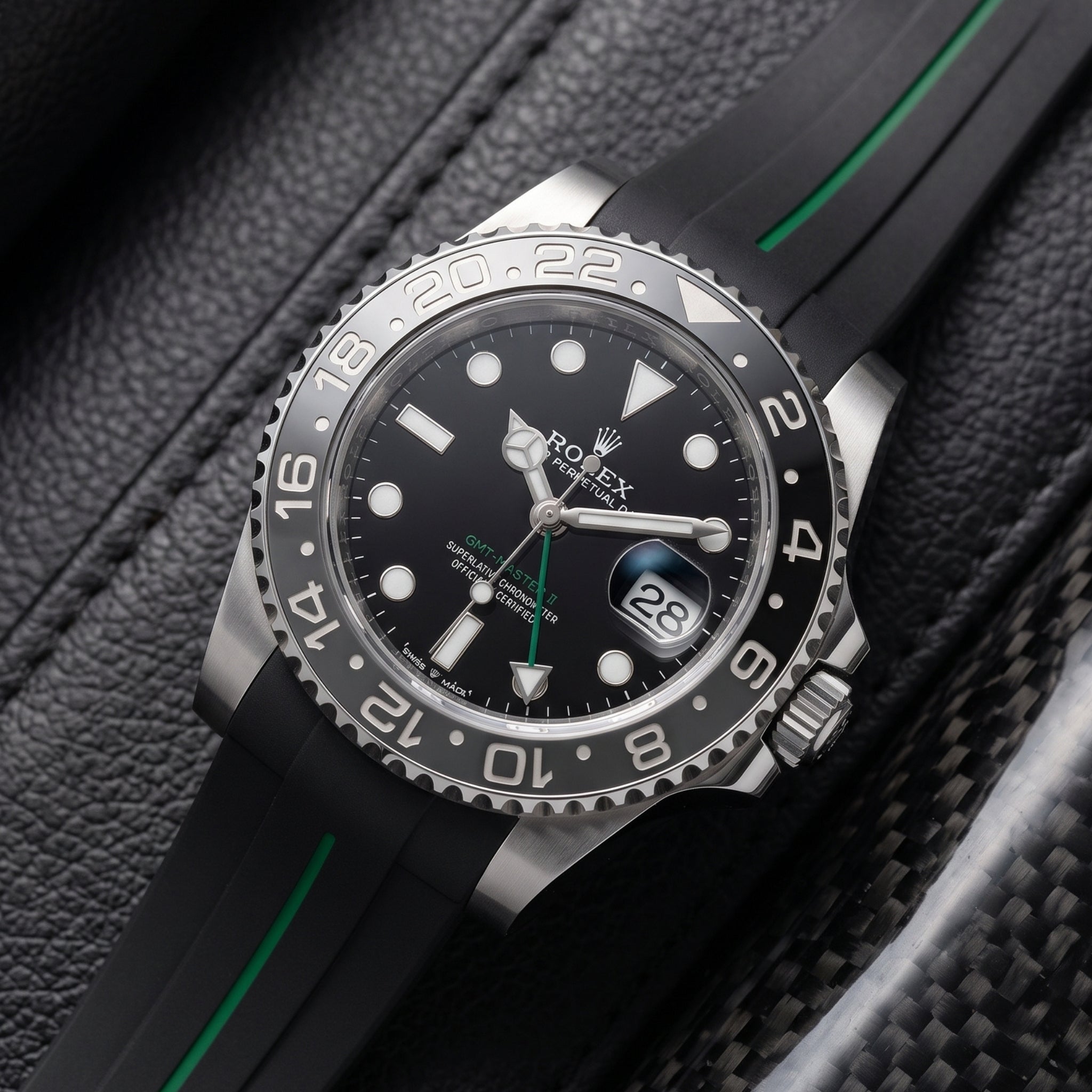 Faltschliessen Kautschukarmband für Rolex GMT-Master II in Schwarz mit Grüner Linie | LuxLine® - Helvetus