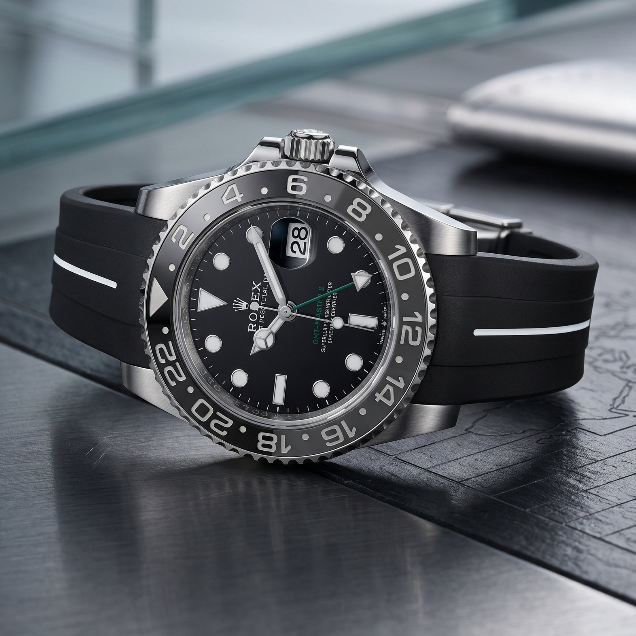 Faltschliessen Kautschukarmband für Rolex GMT-Master II in Schwarz mit Weisser Linie | LuxLine® - Helvetus