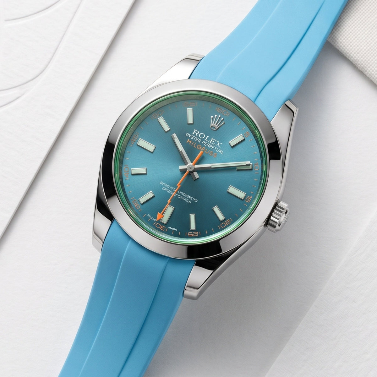 Faltschliessen Kautschukarmband für Rolex Milgauss in Hell Blau - Helvetus
