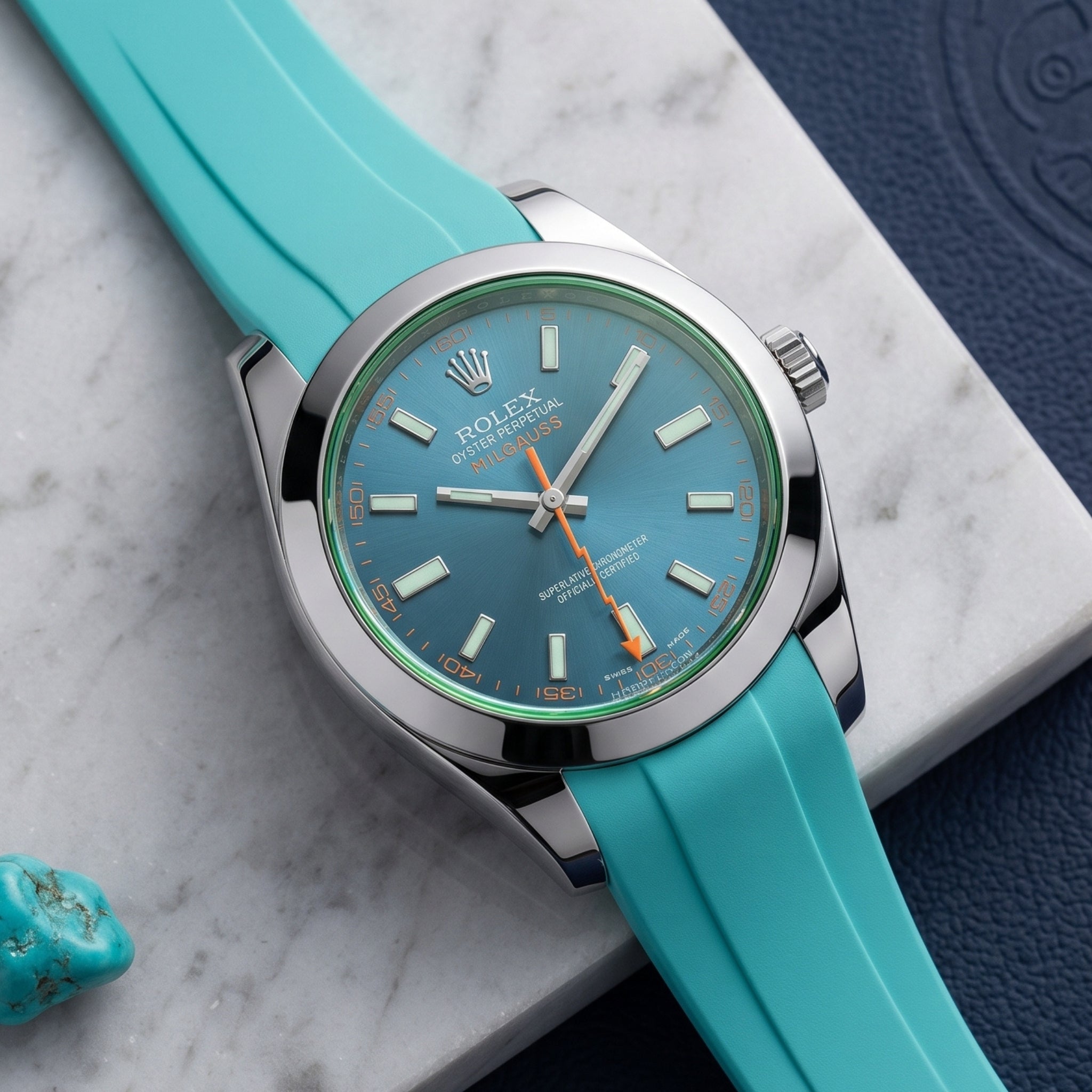 Faltschliessen Kautschukarmband für Rolex Milgauss in Türkis - Helvetus