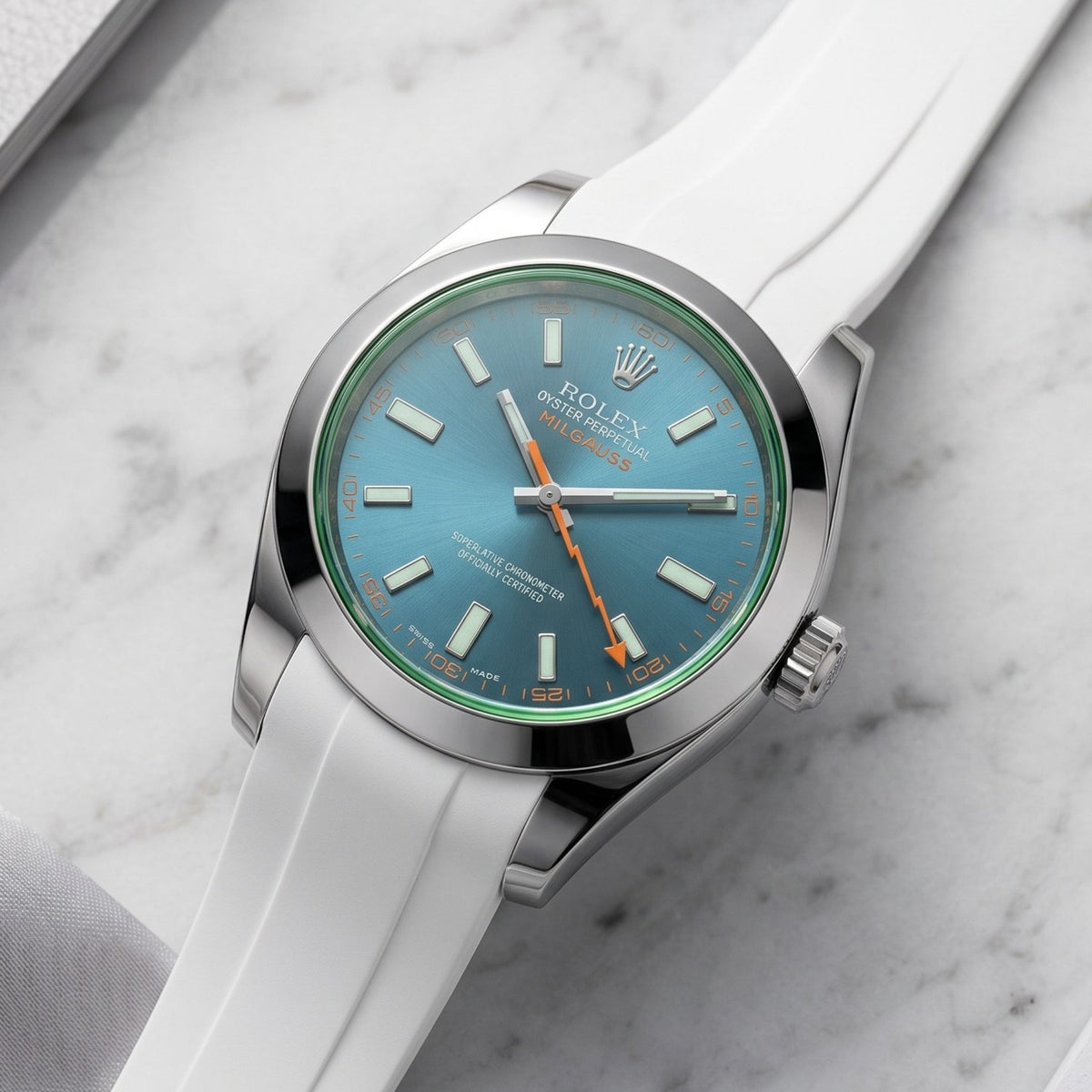 Faltschliessen Kautschukarmband für Rolex Milgauss in Weiss - Helvetus