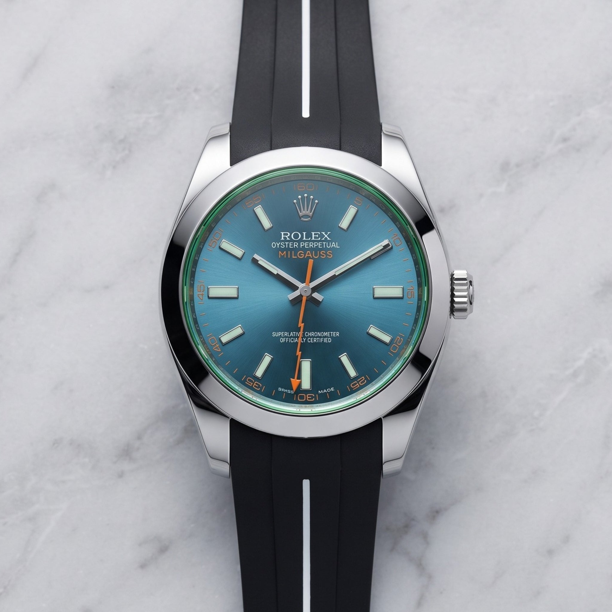 Faltschliessen Kautschukarmband für Rolex Milgauss – LuxLine® - Schwarz/Weiss - Helvetus