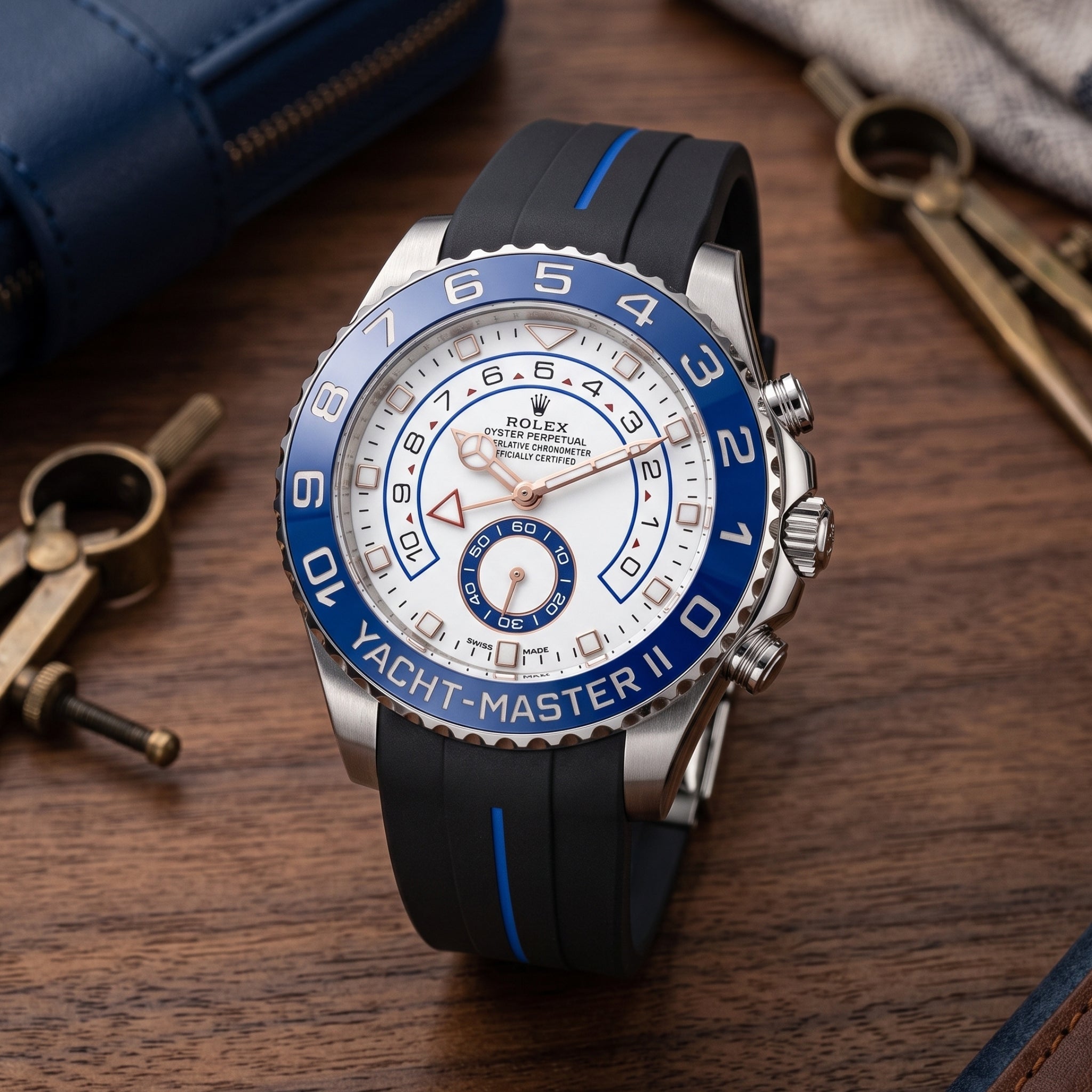 Faltschliessen Kautschukarmband für Rolex Yacht-Master II 44mm - Schwarz/Blau Linie | LuxLine® - Helvetus
