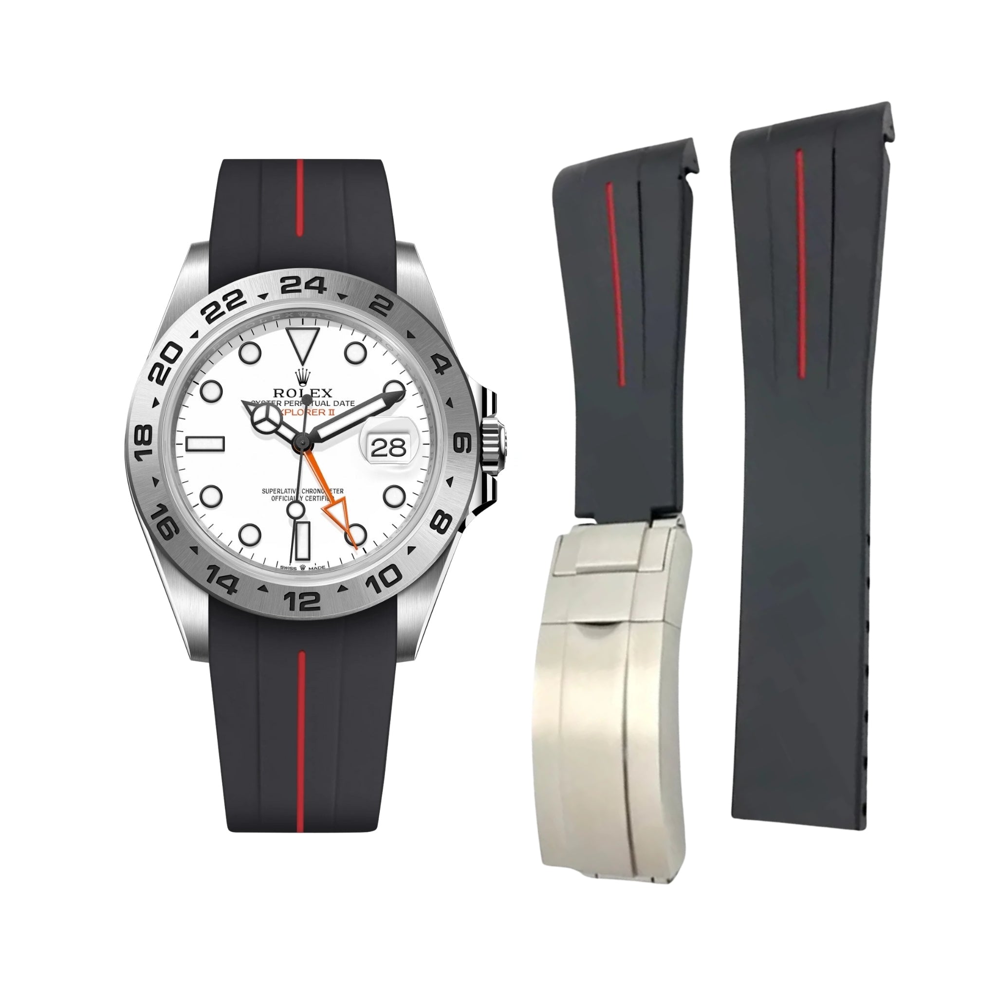 Faltschliessen Kautschukarmband für Rolex Explorer II – Schwarz/Rot Linie | LuxLine® - Helvetus DE