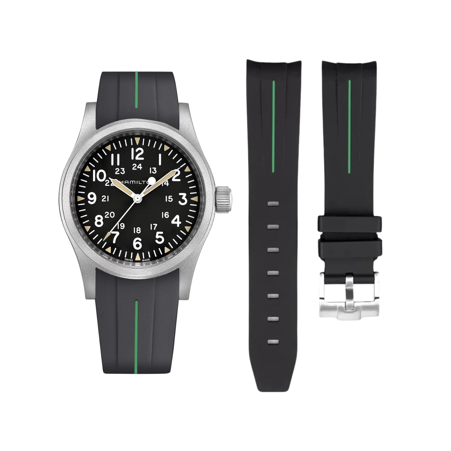 Kautschukarmband für Hamilton Khaki Field - Schwarz/Grün LuxLine® - Helvetus DE
