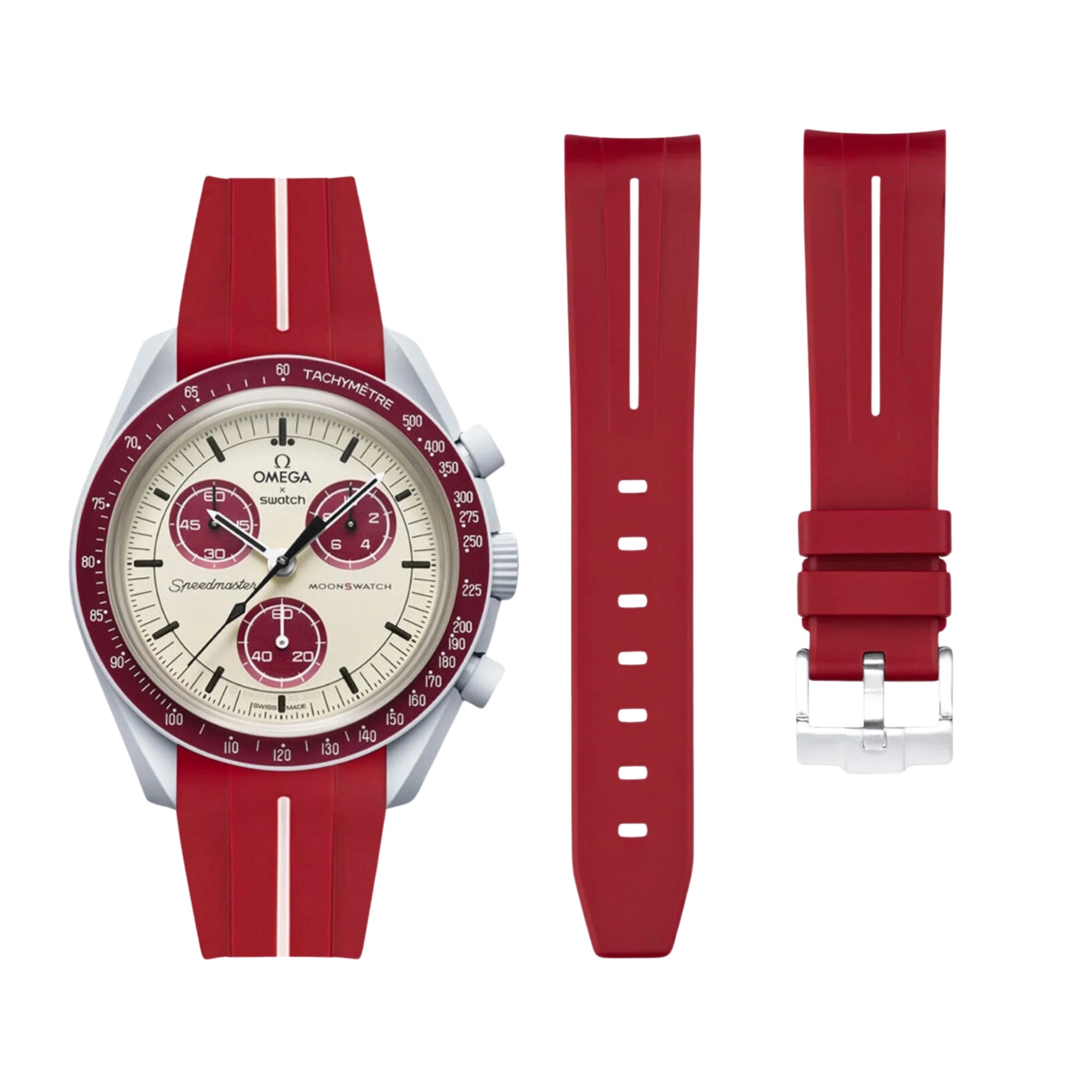 Kautschukarmband – Für Mission to Pluto | Omega X Swatch | MoonSwatch – Rot mit Weißer Linie - Helvetus DE