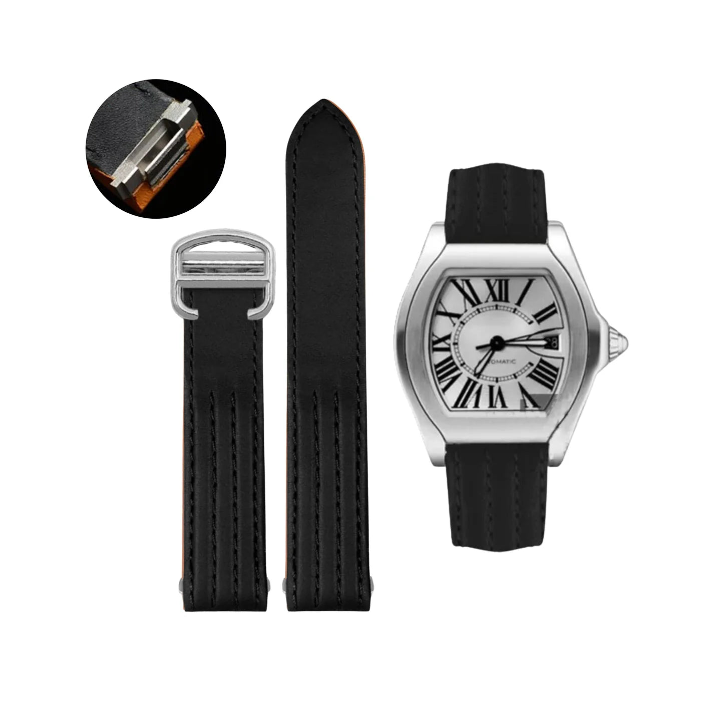 Leder Armband - fur Cartier Roadster - Flach Schwarz - Helvetus DE
