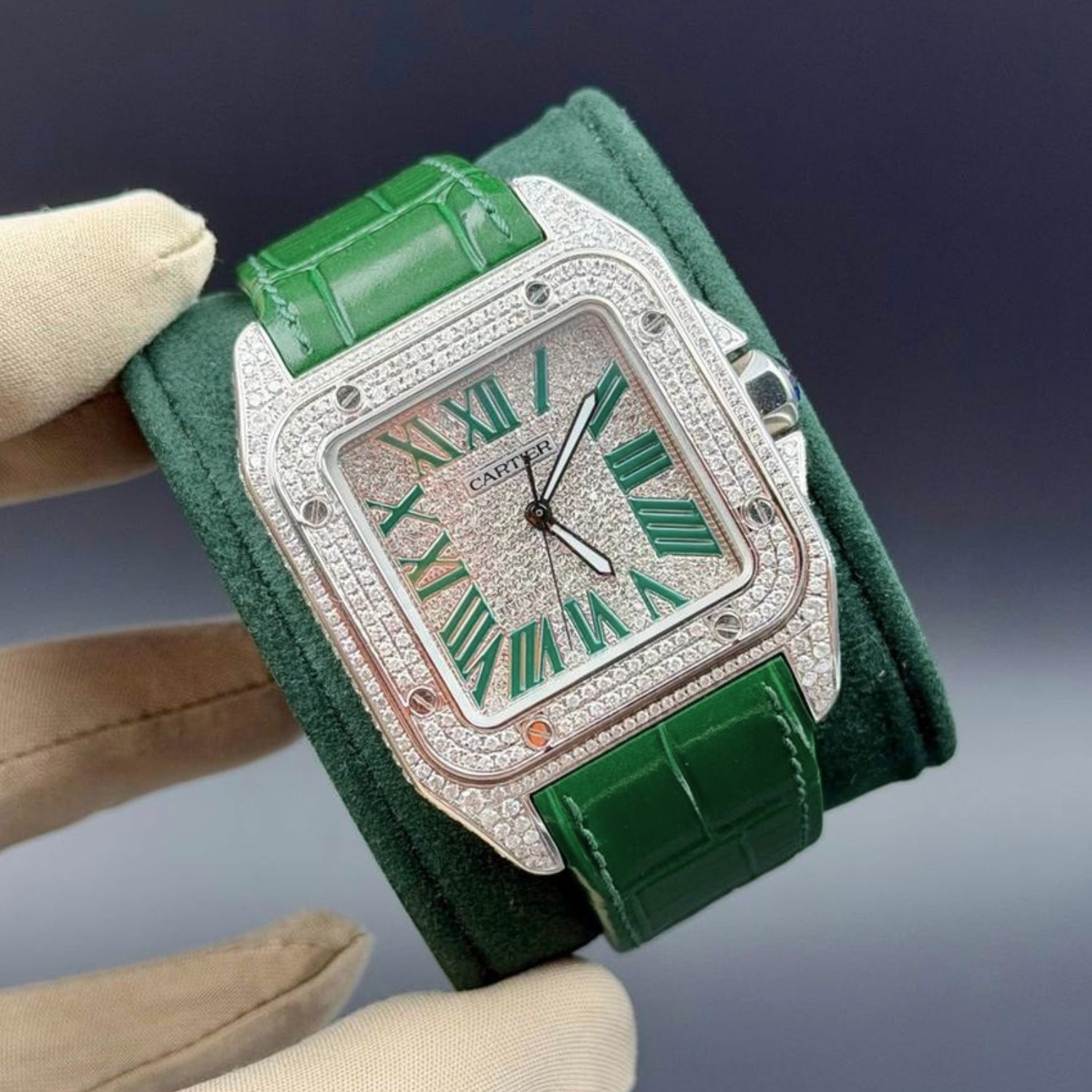 Leder Armband - für Cartier Santos 100 - Grün - Helvetus DE